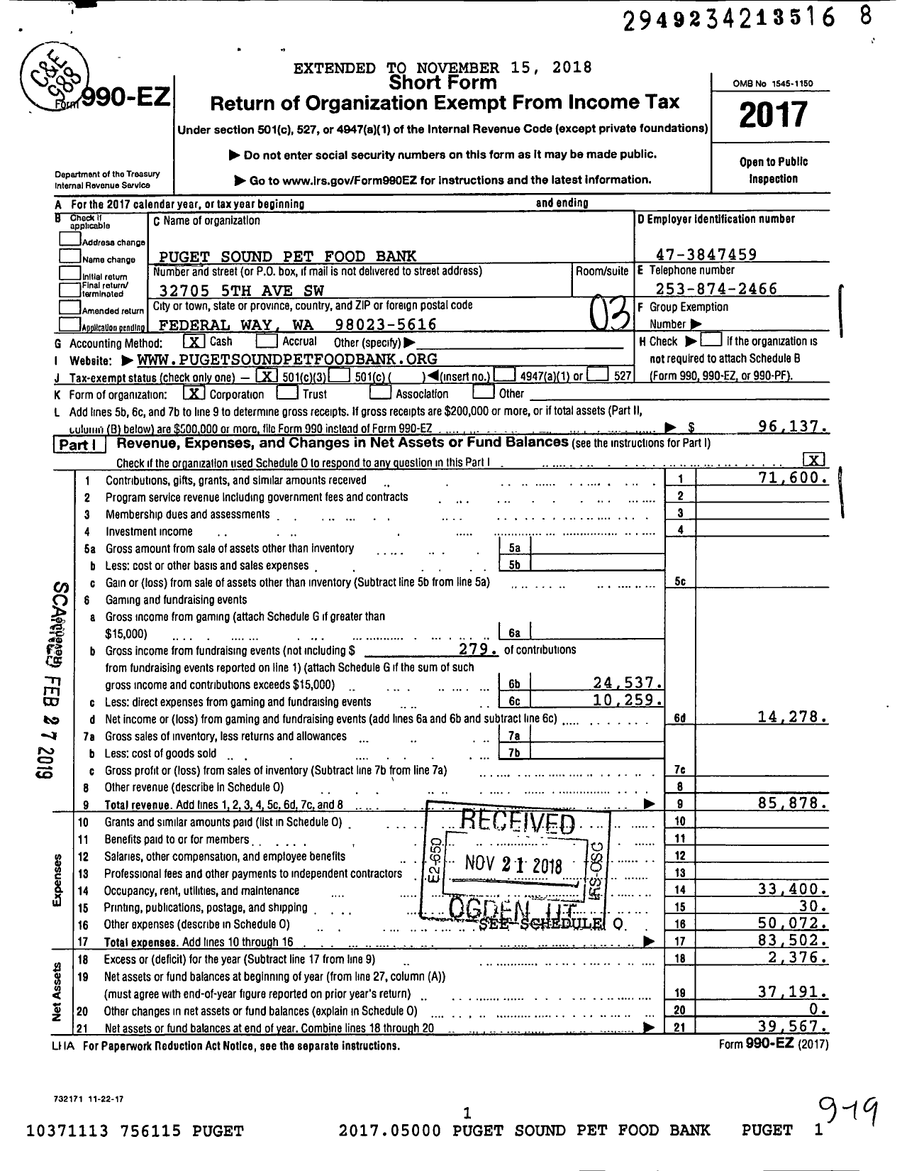 Image of first page of 2017 Form 990EZ for Puget Sound Pet Food Bank