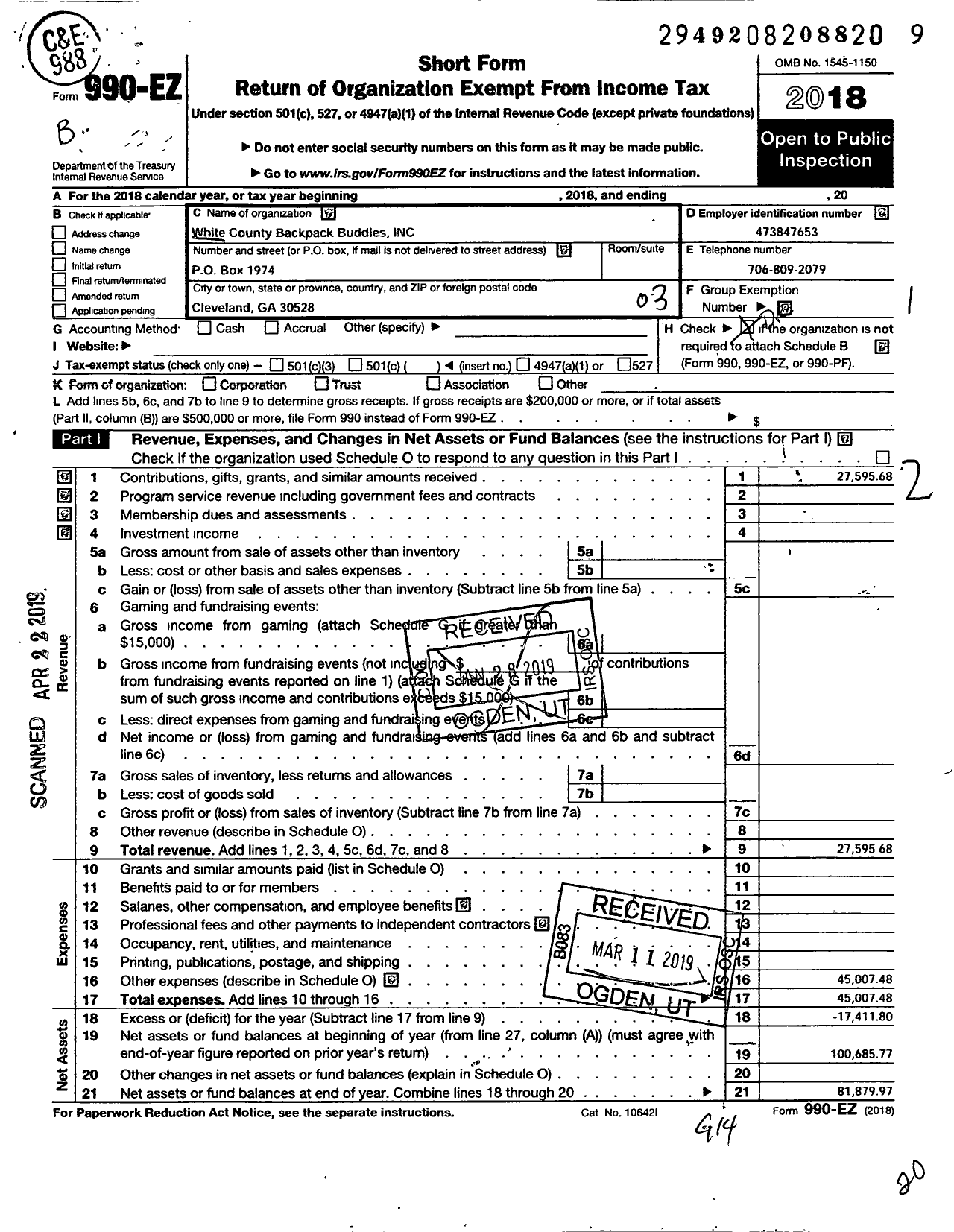 Image of first page of 2018 Form 990EZ for White County Backpack Buddies