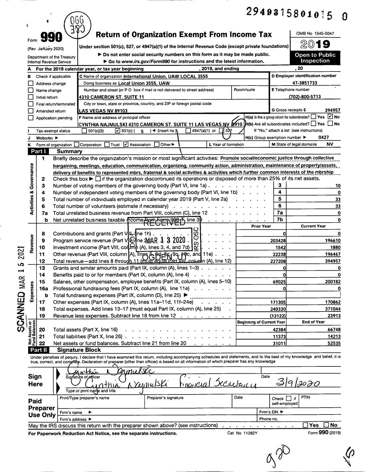 Image of first page of 2019 Form 990O for UAW - International Union UAW Local 3555