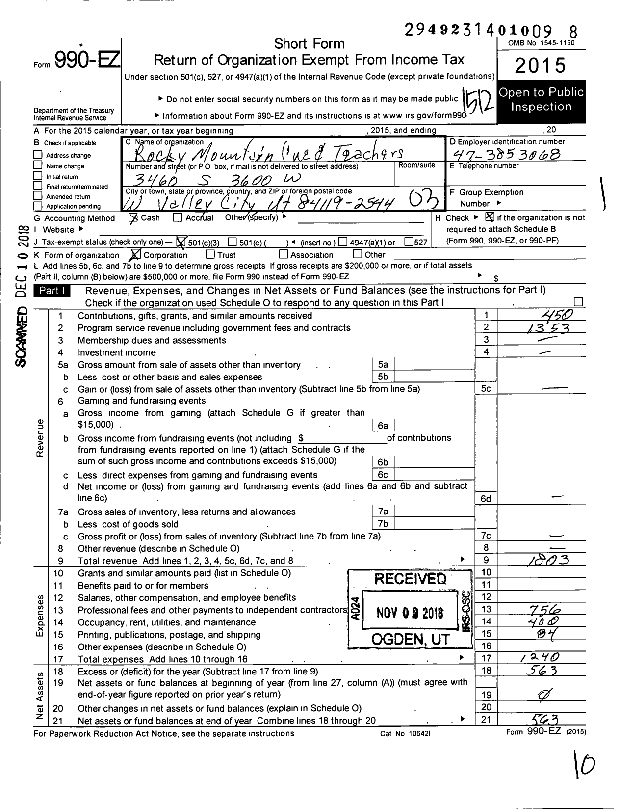 Image of first page of 2015 Form 990EZ for Rocky Mountain Cuers and Teachers Alliance