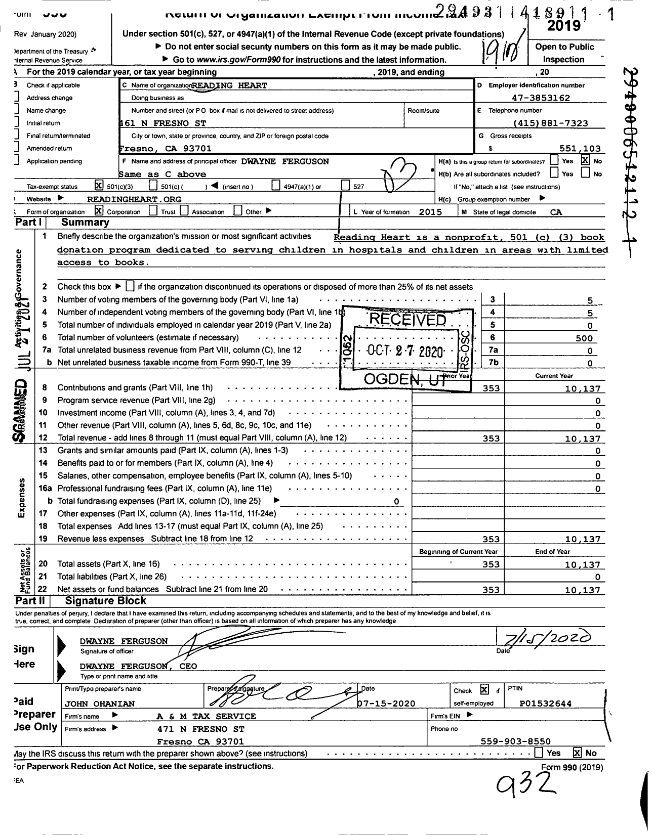 Image of first page of 2019 Form 990 for Reading Heart