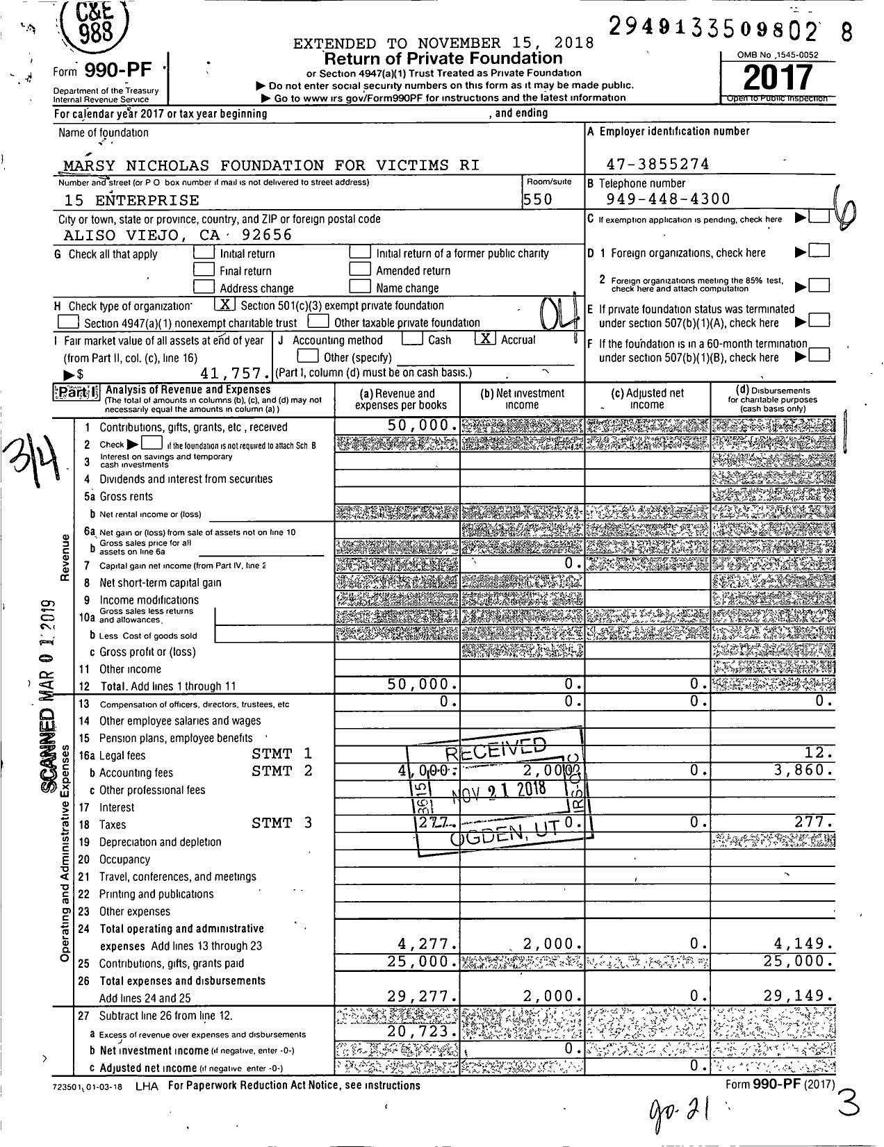 Image of first page of 2017 Form 990PF for Marsy Nicholas Foundation for Victims Rights