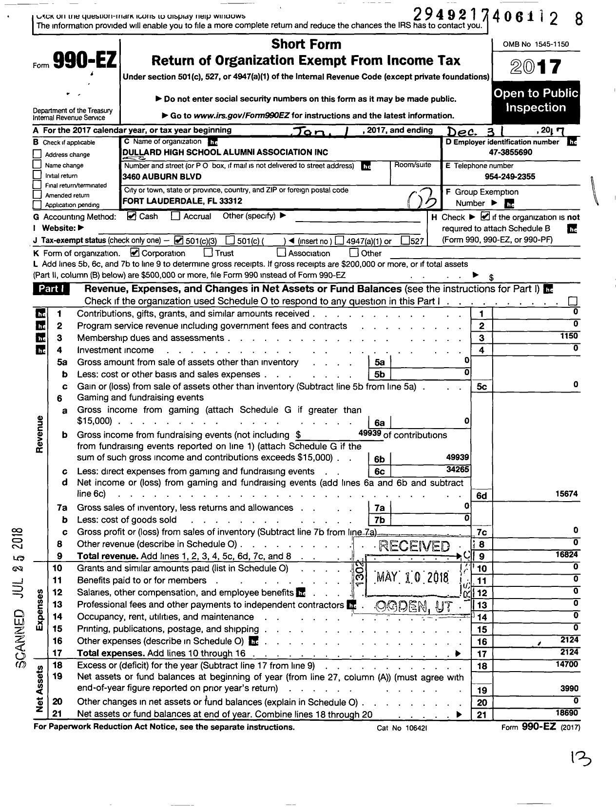 Image of first page of 2017 Form 990EZ for Dillard High School Alumni Association