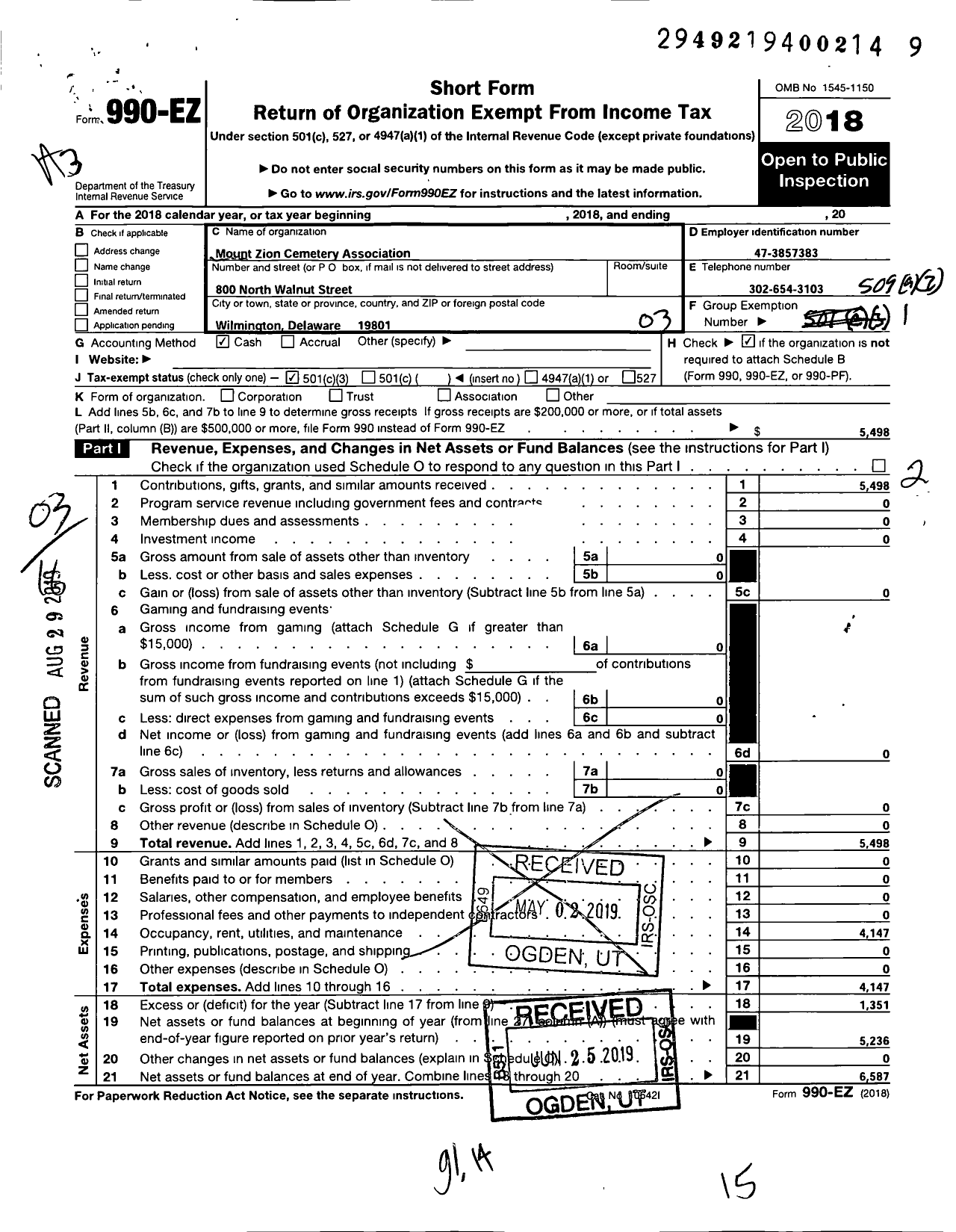Image of first page of 2018 Form 990EZ for Mount Zion Cemetery Association