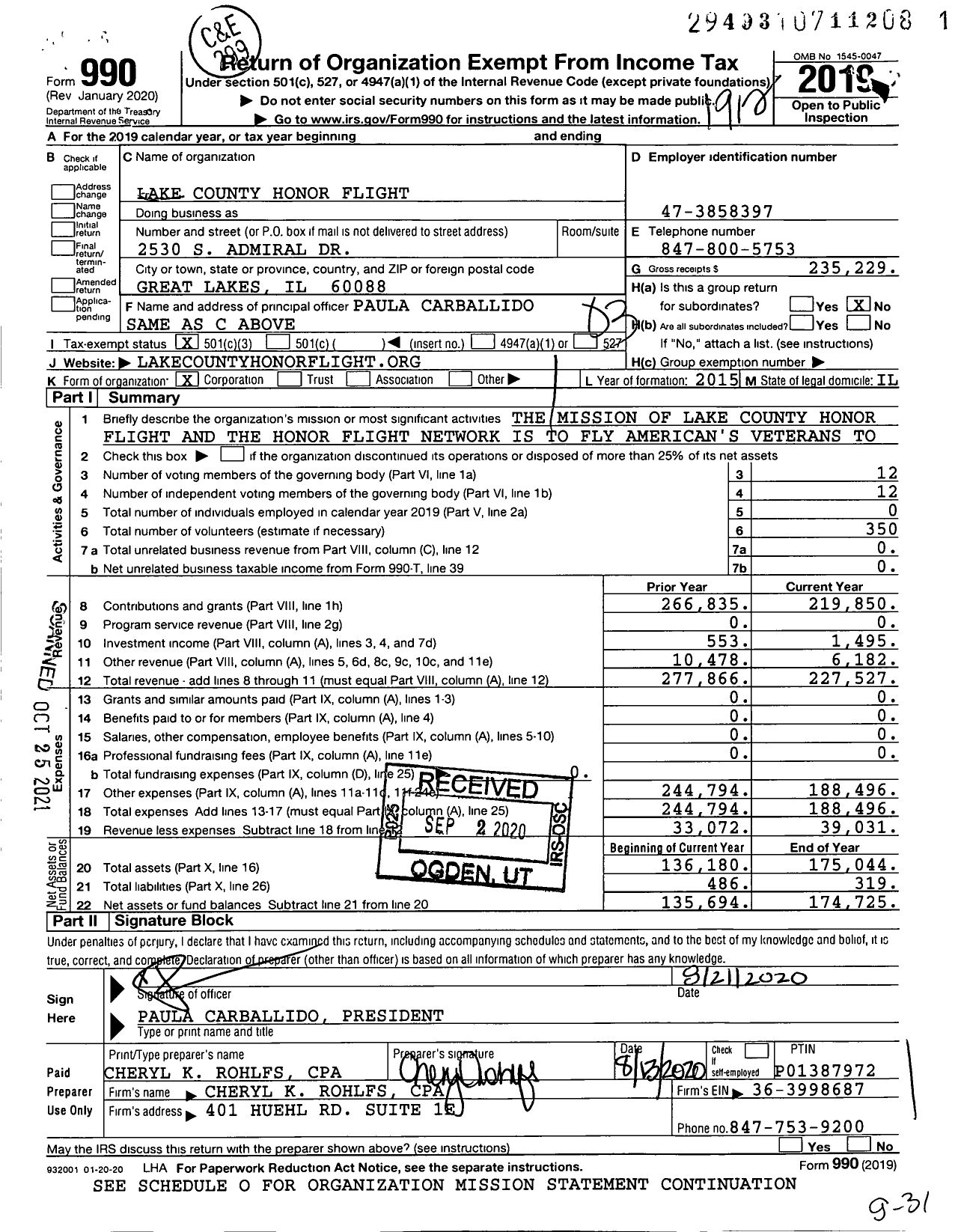 Image of first page of 2019 Form 990 for Lake County Honor Flight