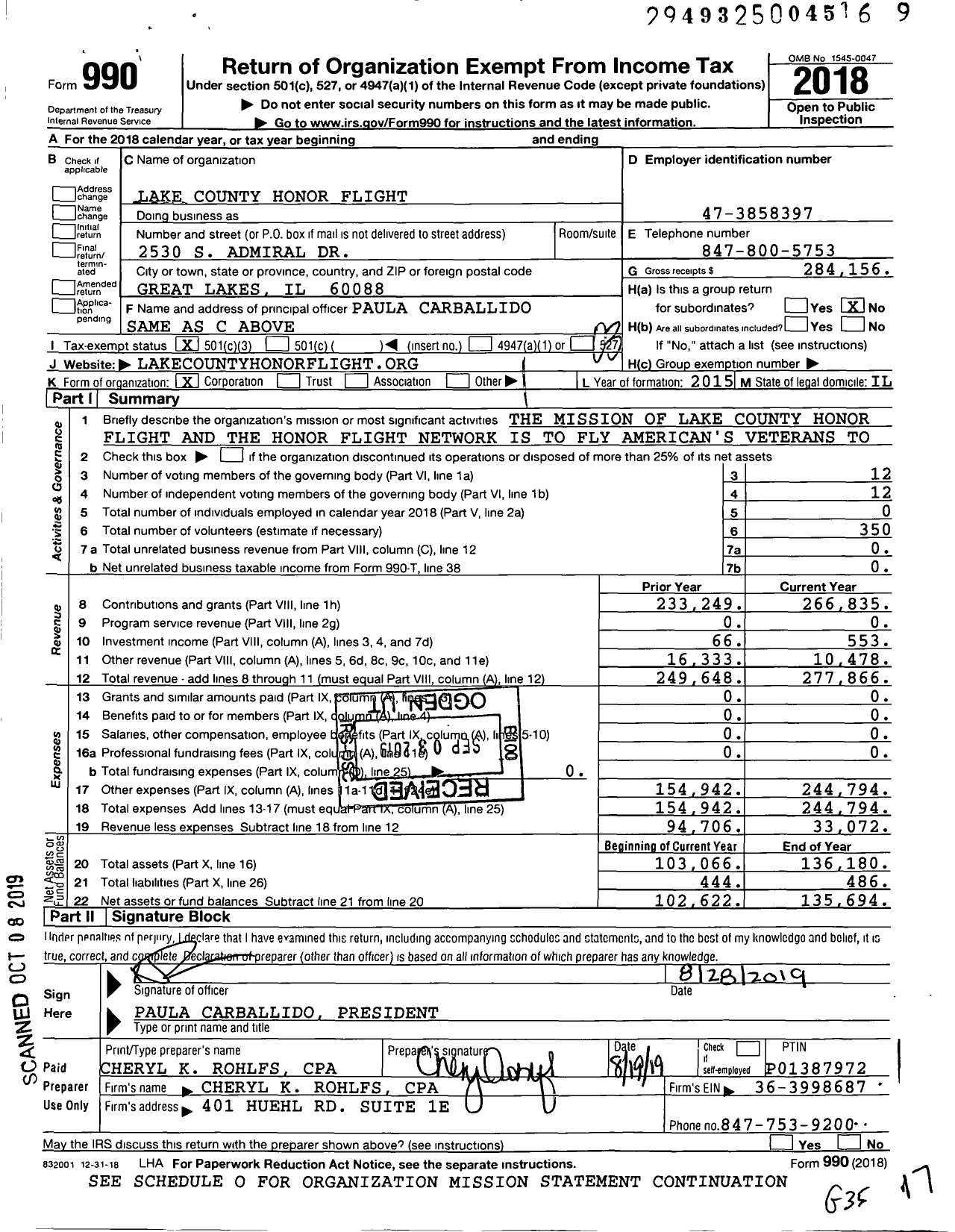 Image of first page of 2018 Form 990 for Lake County Honor Flight