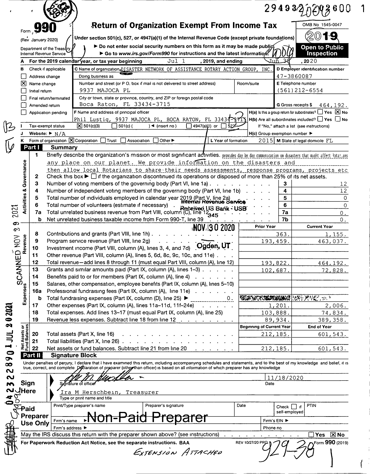 Image of first page of 2019 Form 990 for Disaster Network of Assistance Rotary Action Group