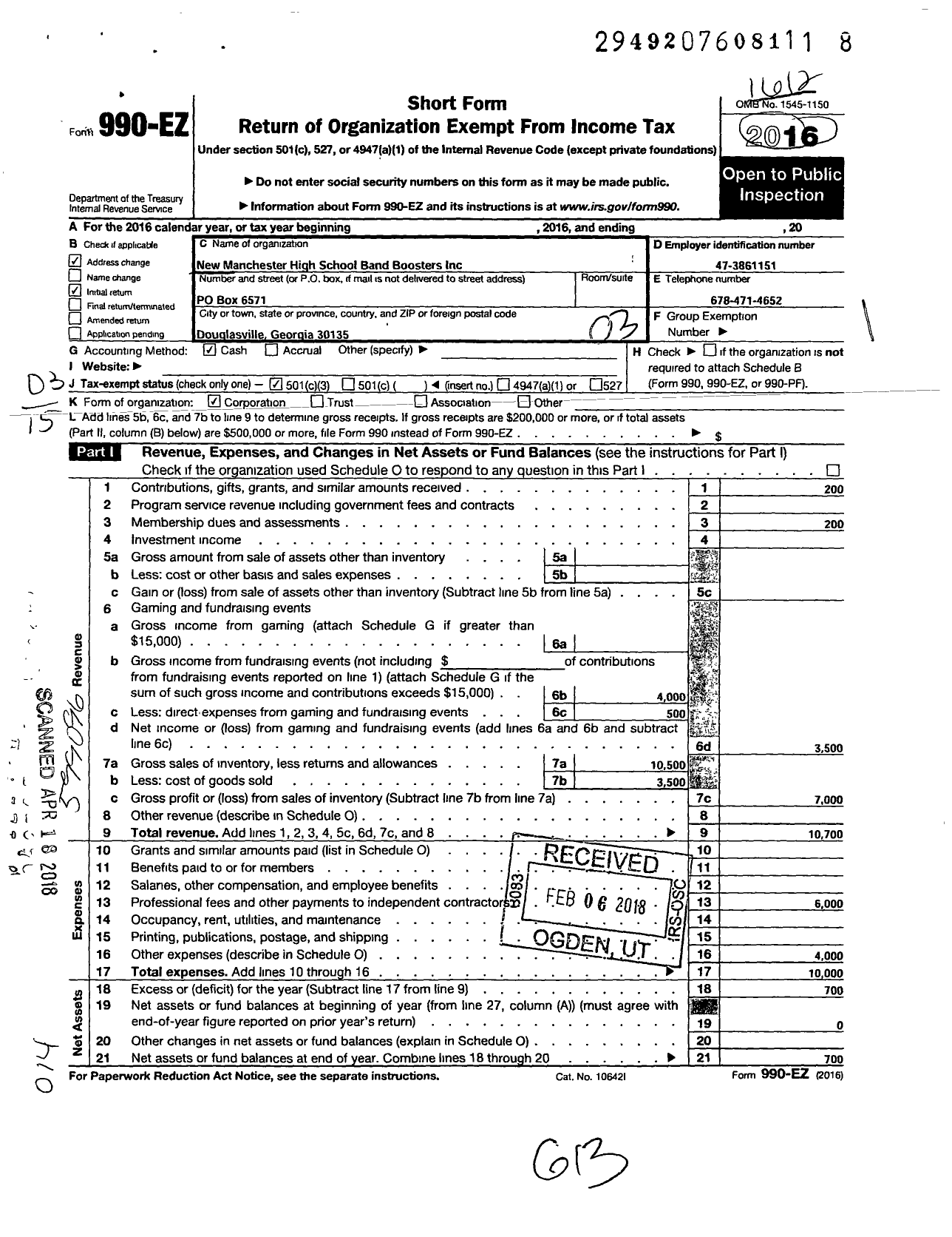 Image of first page of 2016 Form 990EZ for New Manchester High School Band