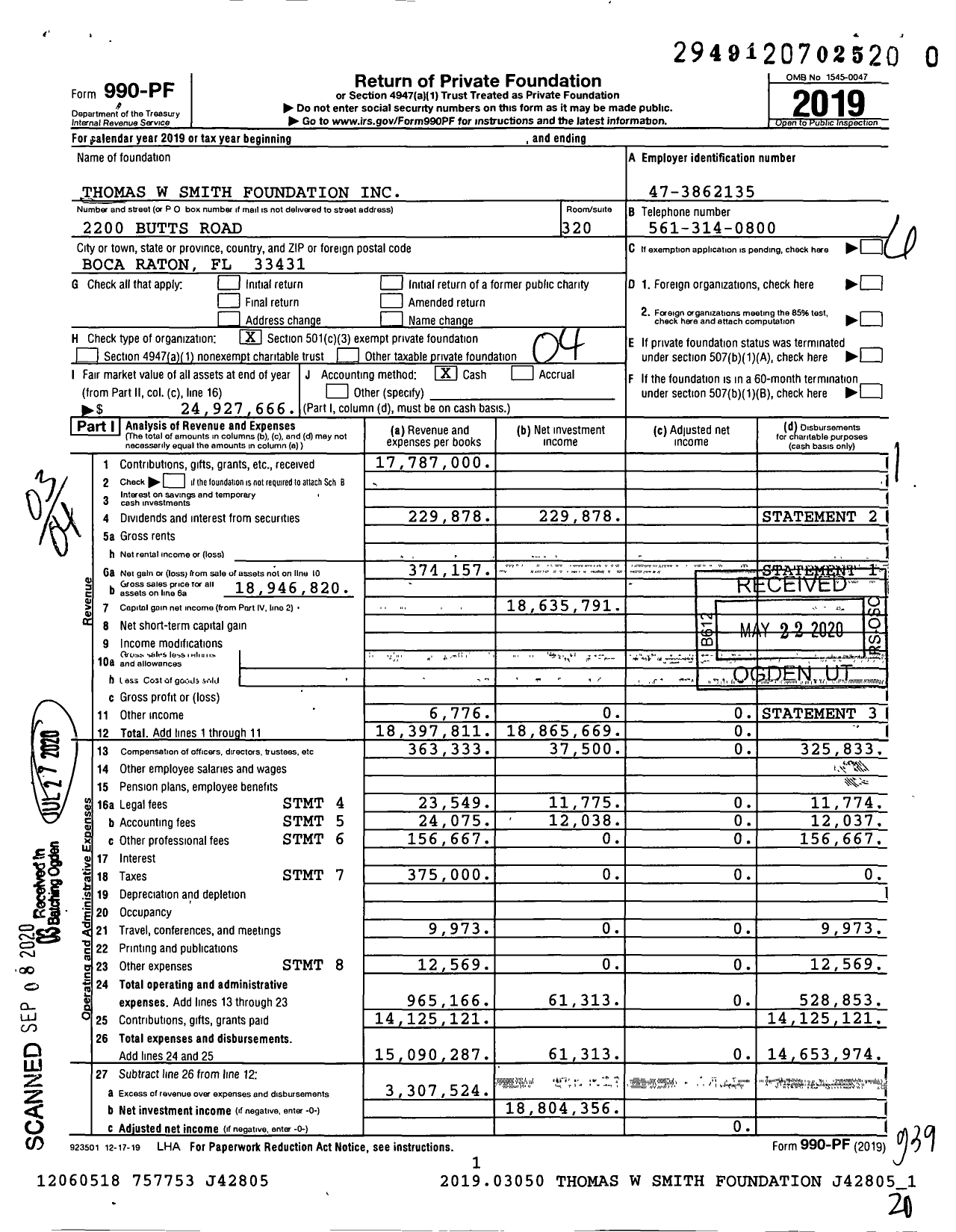 Image of first page of 2019 Form 990PR for Thomas W Smith Foundation