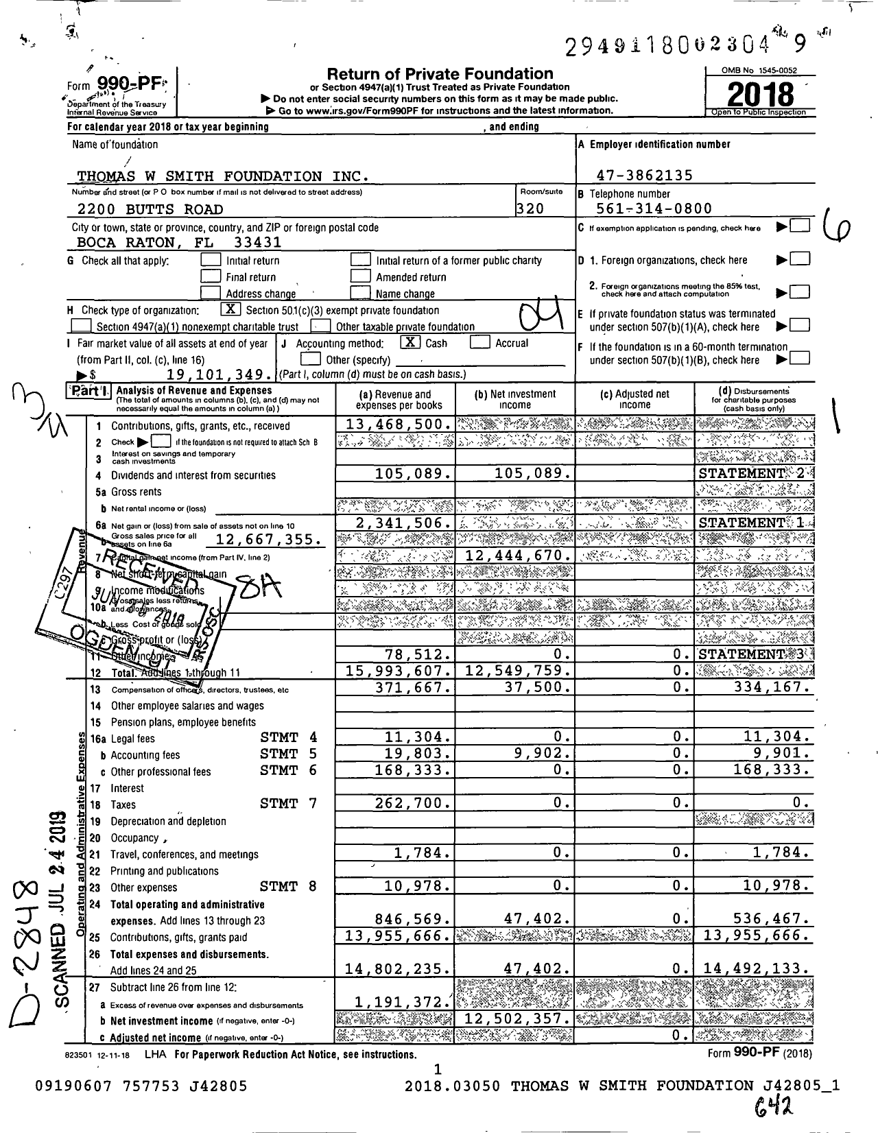Image of first page of 2018 Form 990PF for Thomas W Smith Foundation