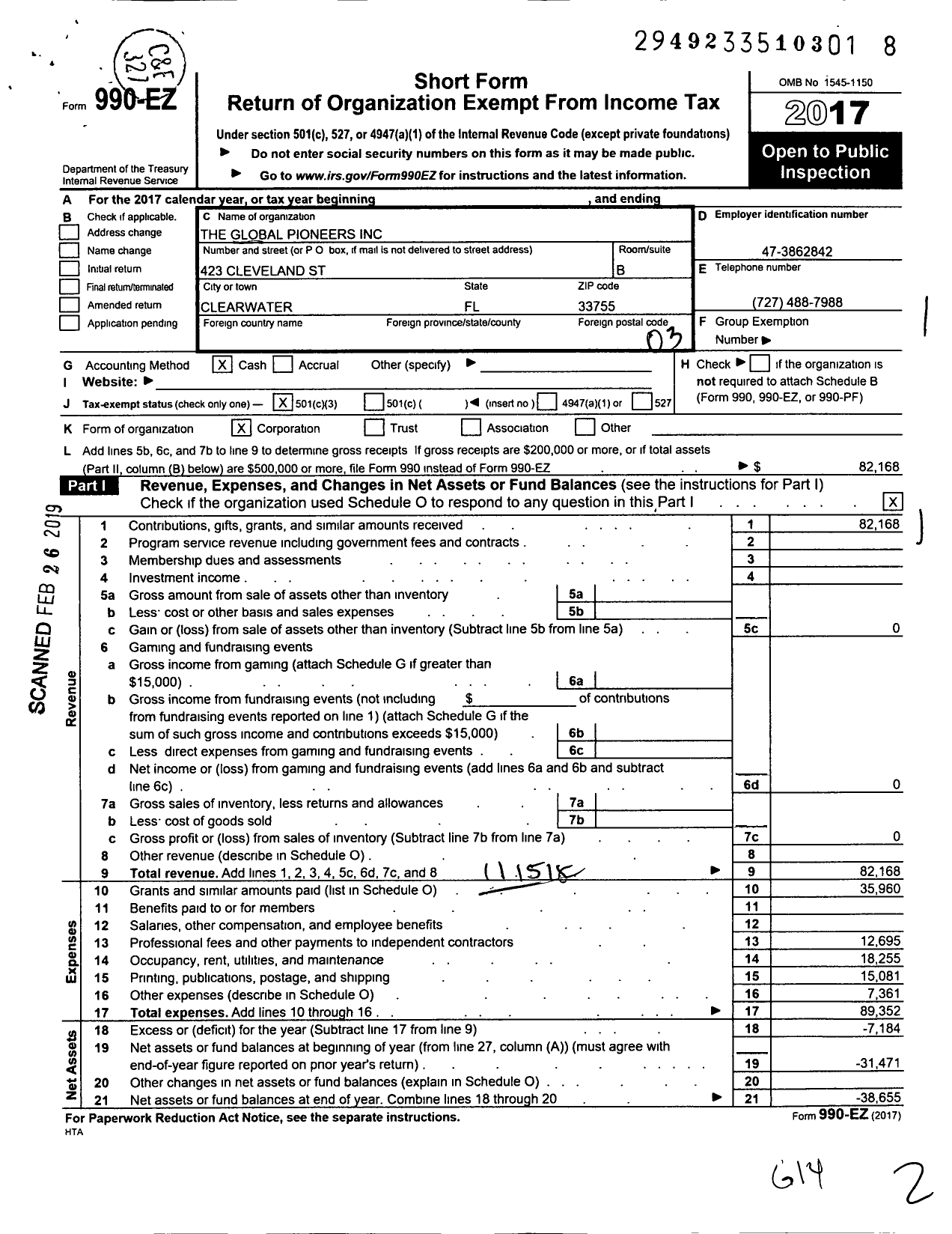 Image of first page of 2017 Form 990EZ for The Global Pioneers