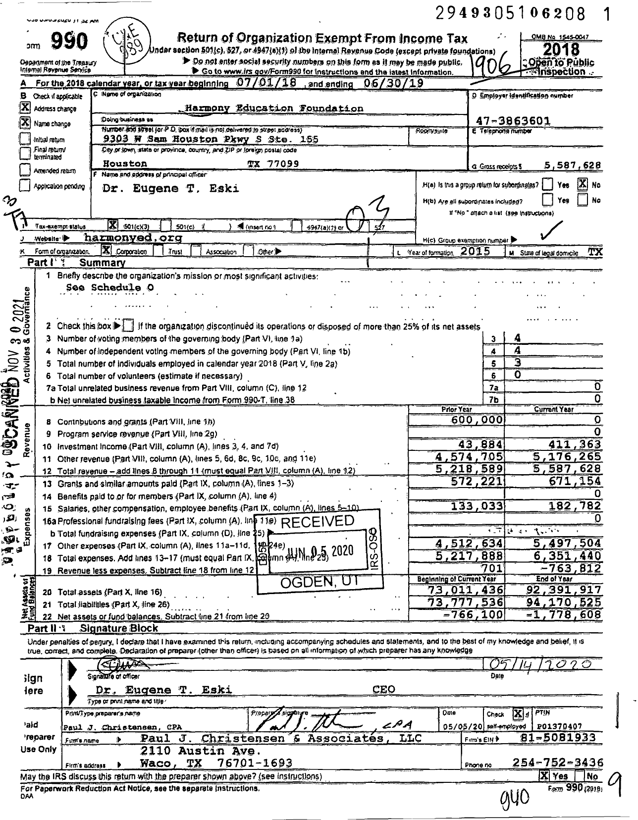 Image of first page of 2018 Form 990 for Harmony Education Foundation