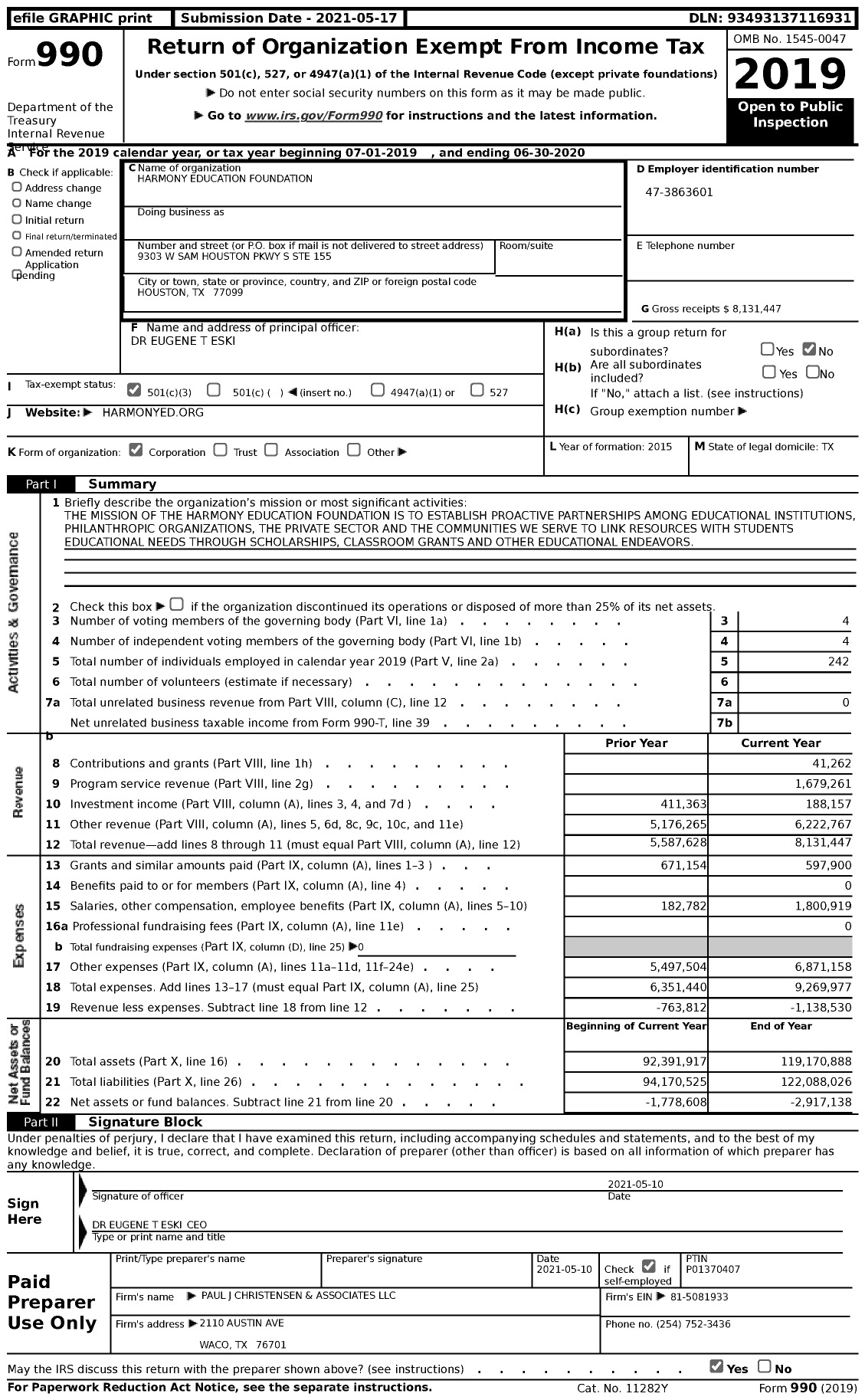 Image of first page of 2019 Form 990 for Harmony Education Foundation