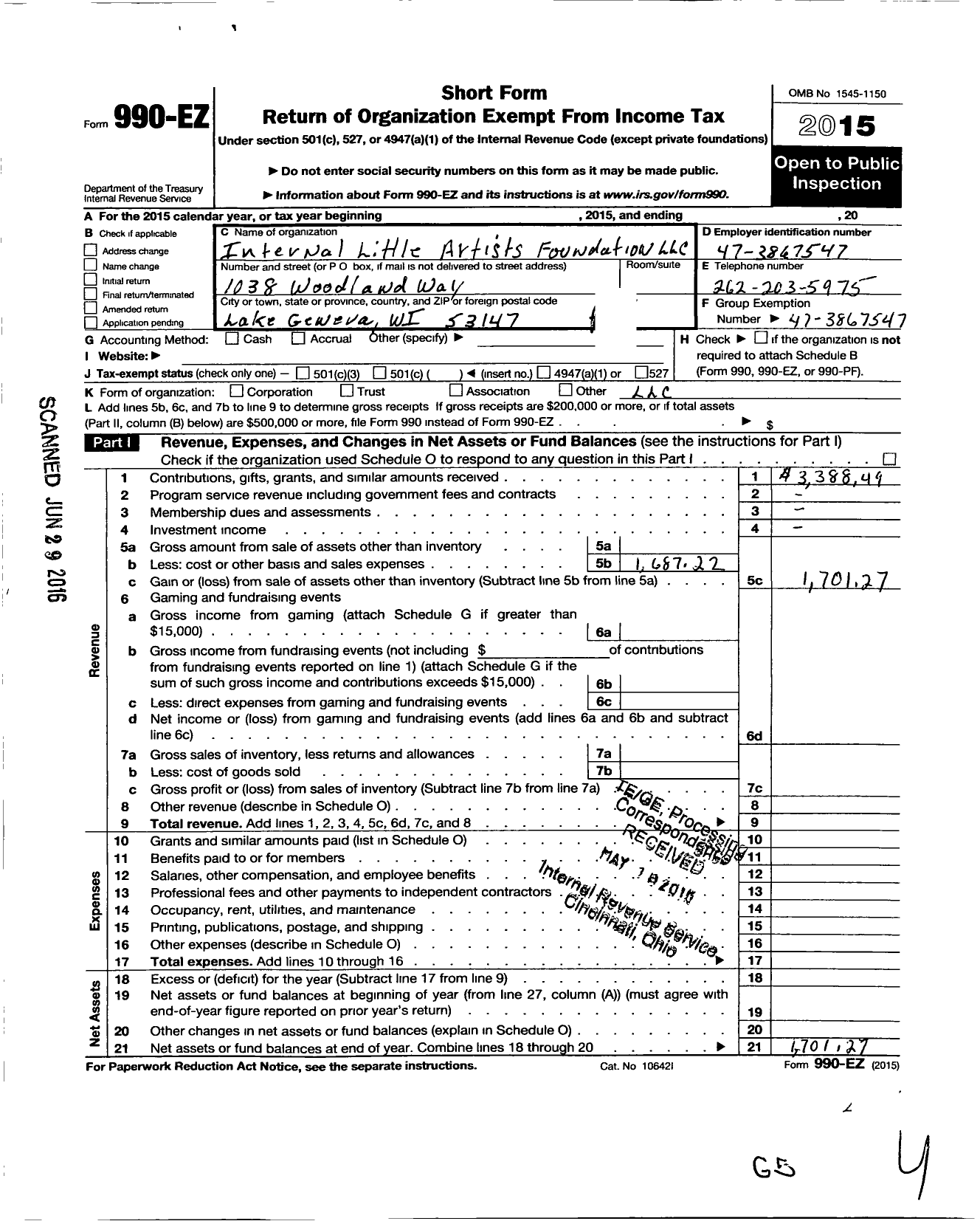 Image of first page of 2015 Form 990EO for International Little Artists Foundation LLC