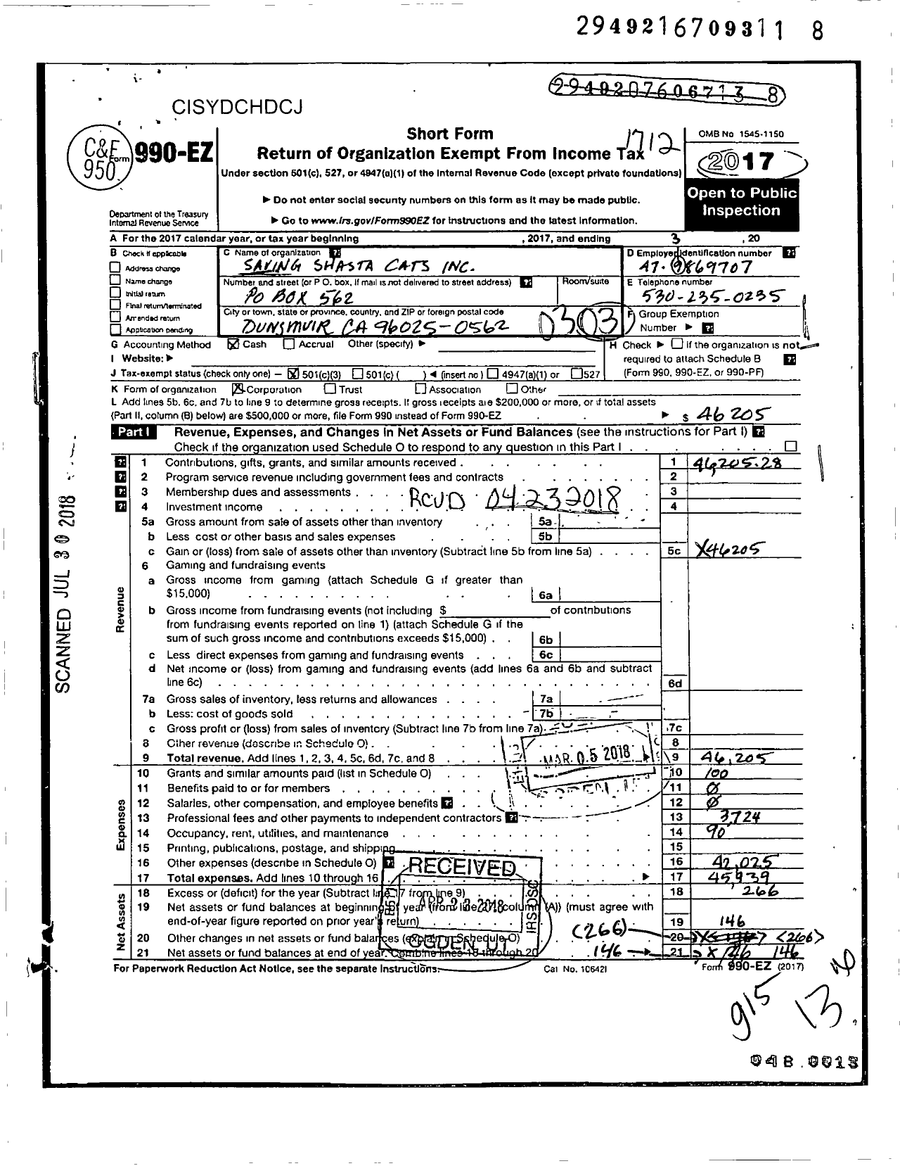 Image of first page of 2017 Form 990EZ for Saving Shasta Cats