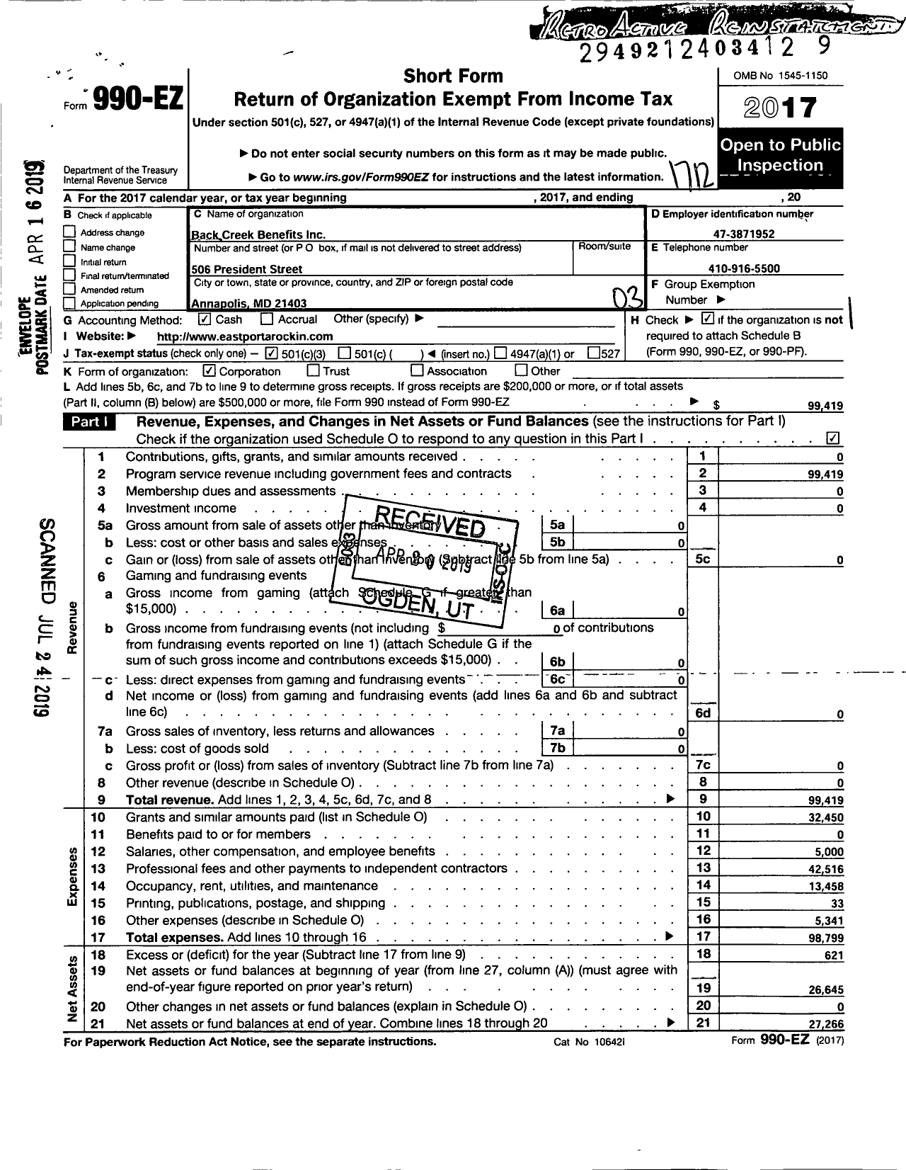 Image of first page of 2017 Form 990EZ for Back Creek Benefits