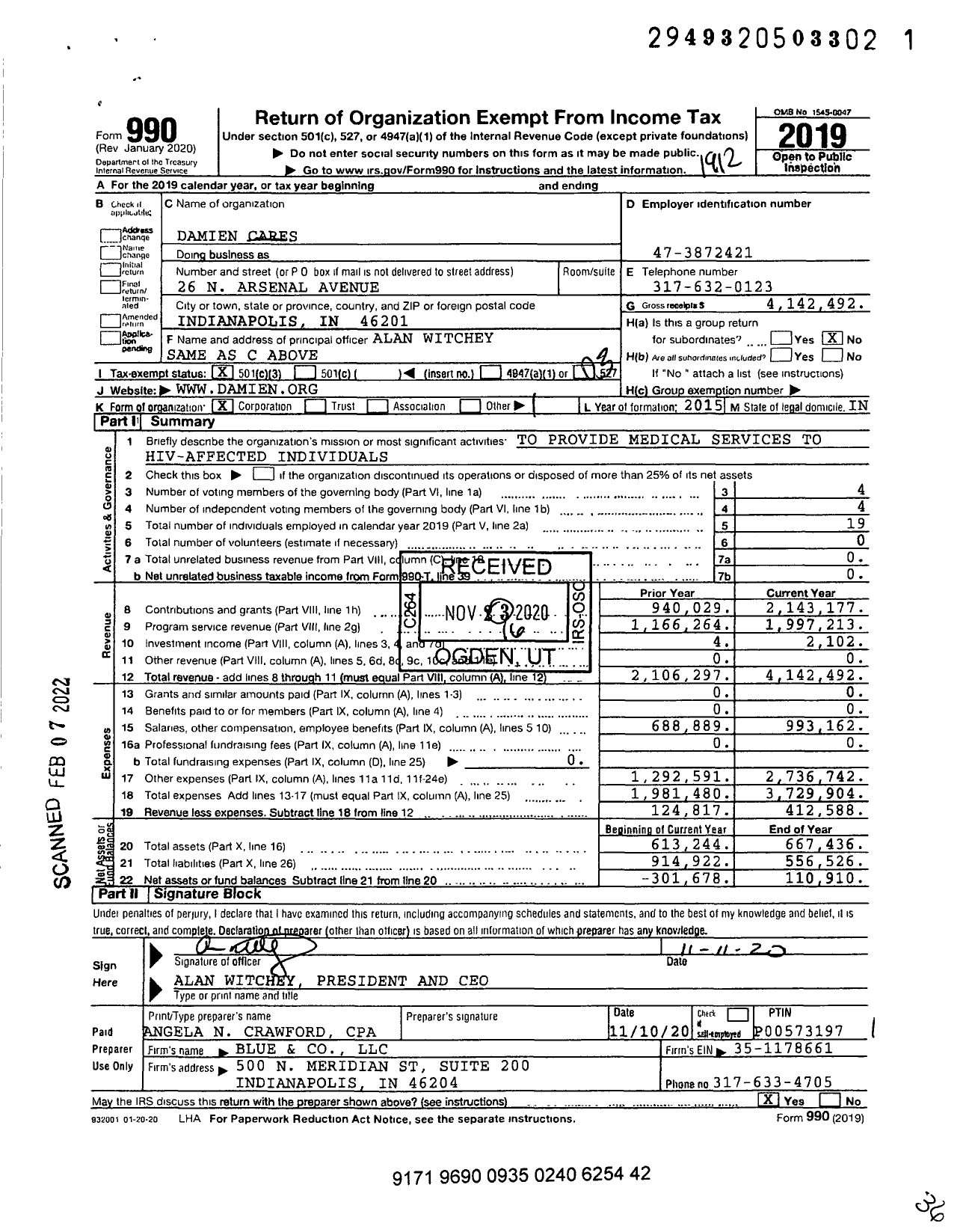 Image of first page of 2019 Form 990 for Damien Cares