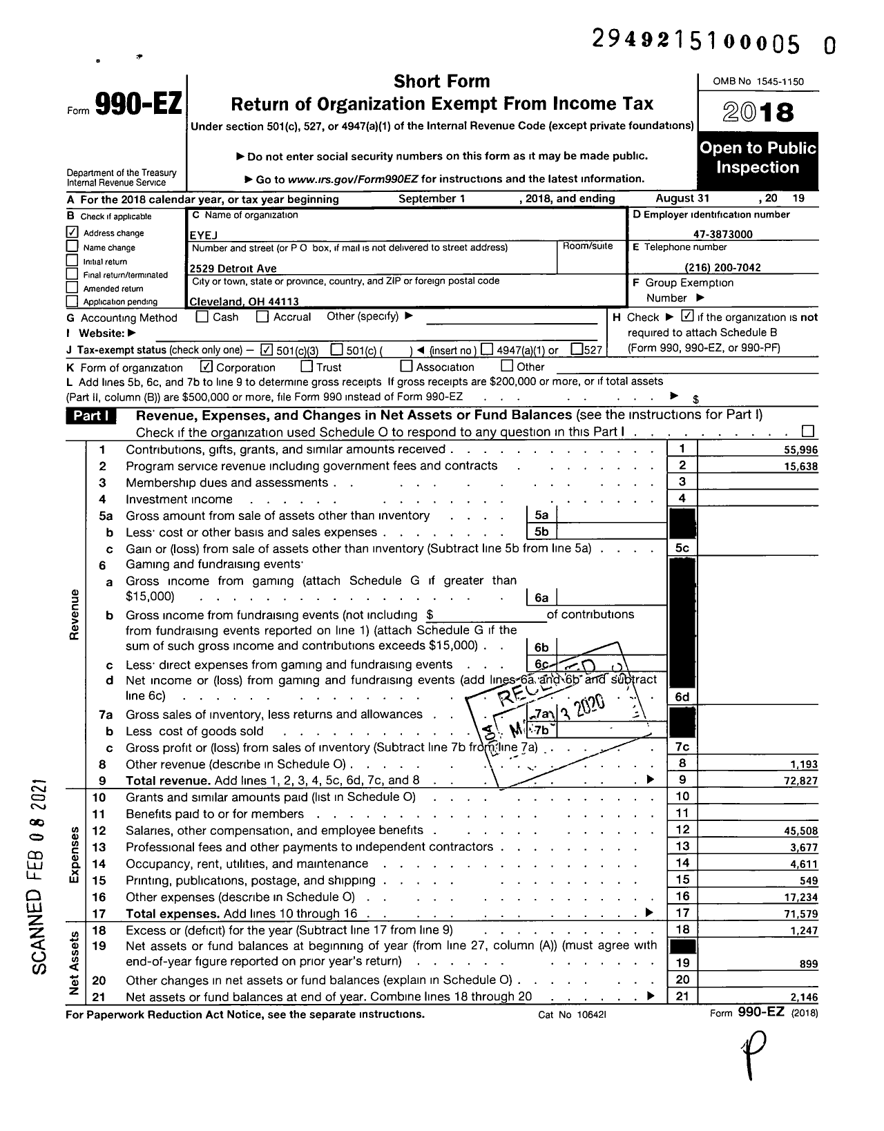 Image of first page of 2018 Form 990EZ for Eyej