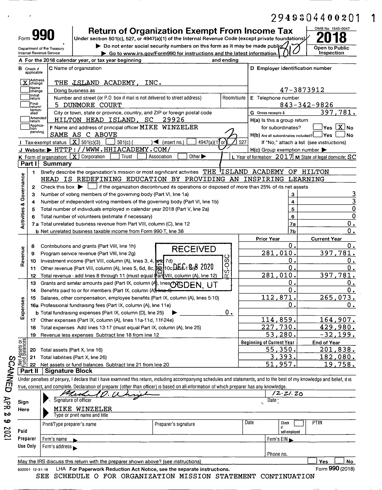 Image of first page of 2018 Form 990 for Island Academy of Hilton Head