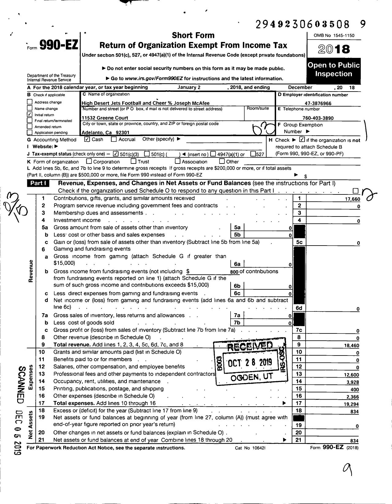 Image of first page of 2018 Form 990EZ for High Desert Jets Football and Cheer