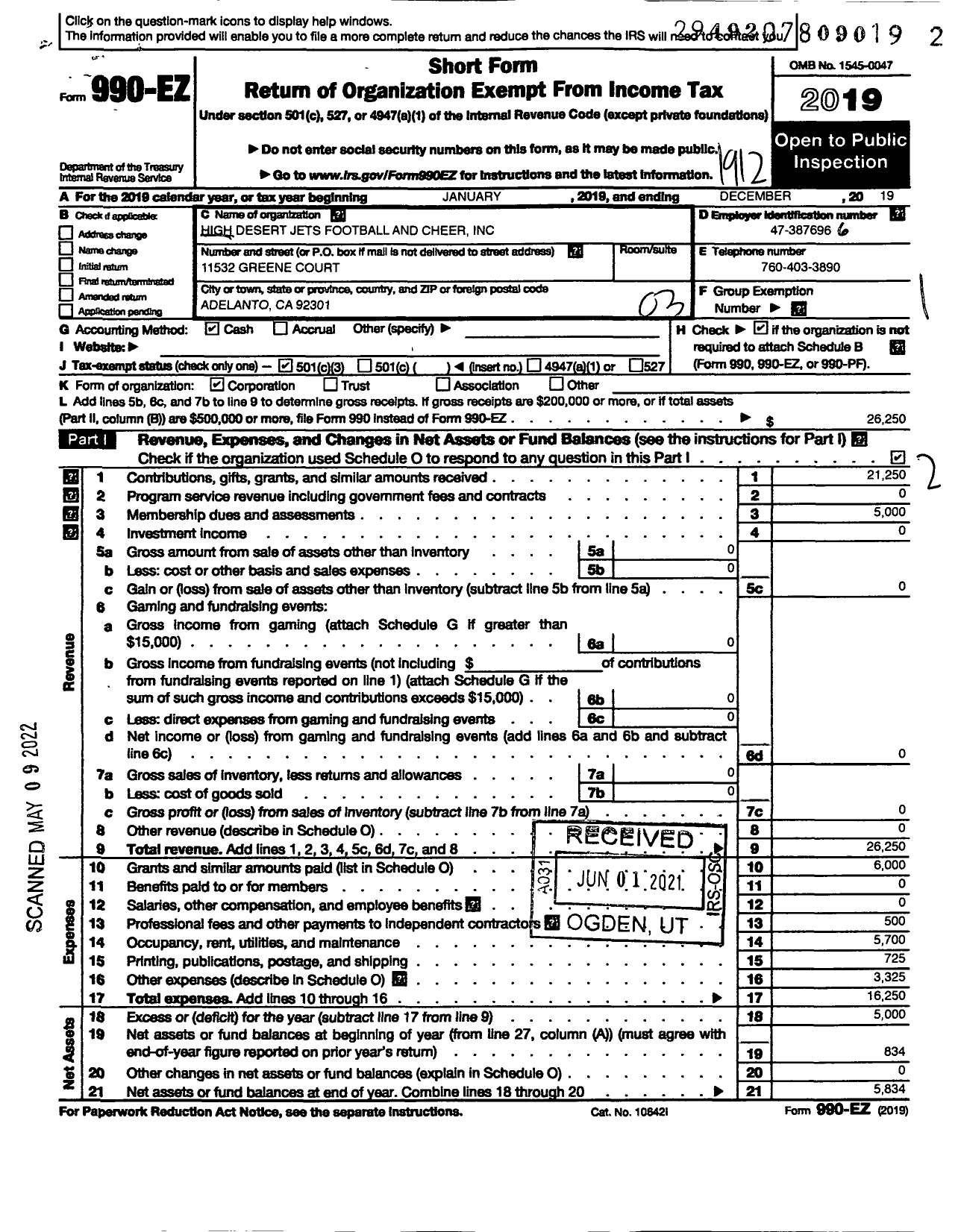 Image of first page of 2019 Form 990EZ for High Desert Jets Football and Cheer