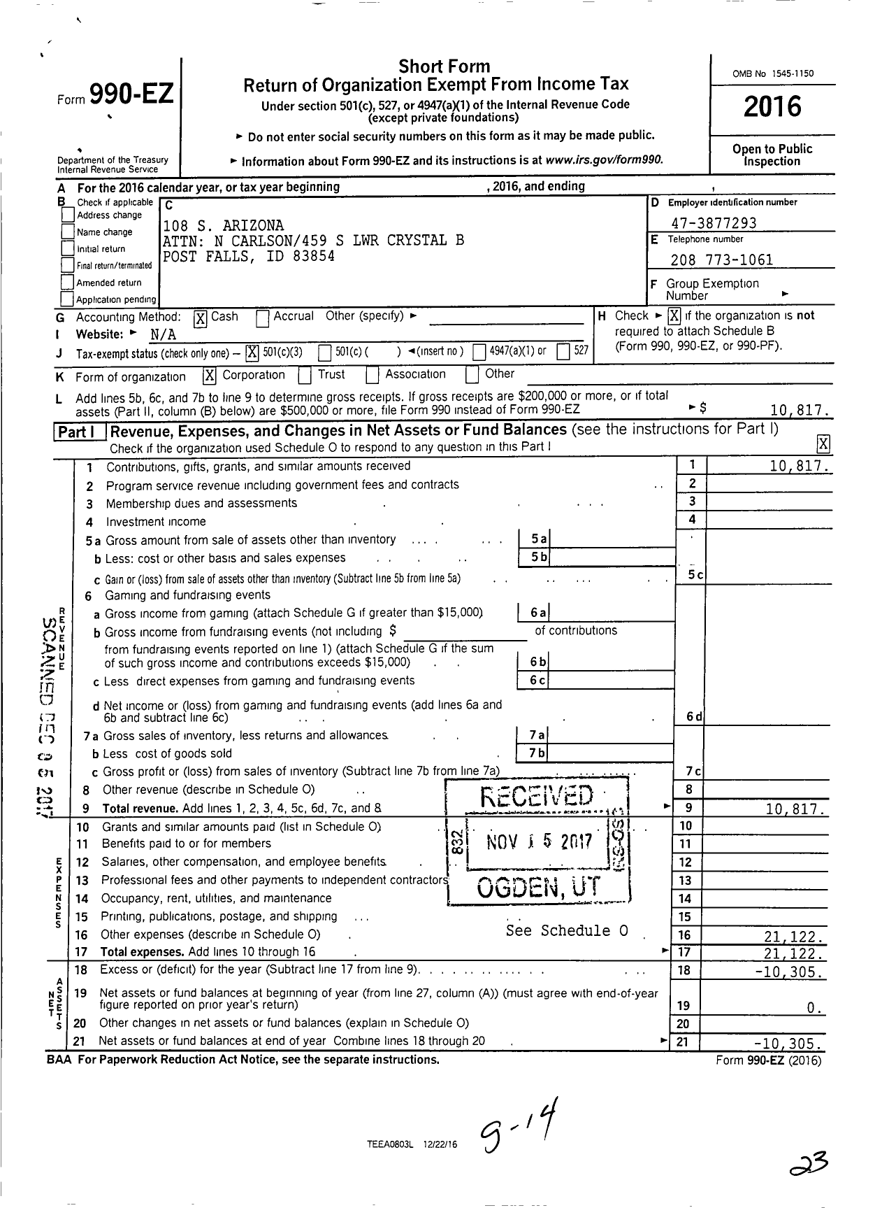 Image of first page of 2016 Form 990EZ for 108 South Arizona