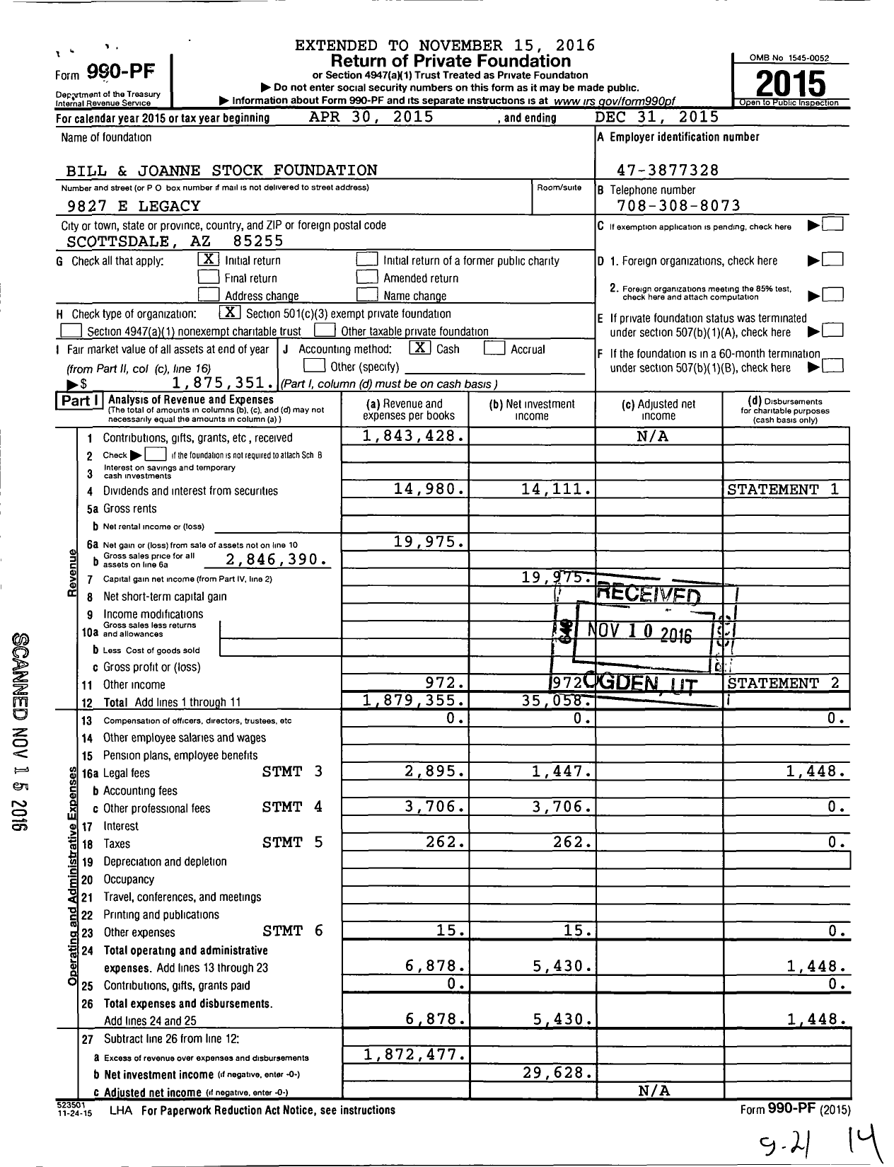 Image of first page of 2015 Form 990PF for Bill and Joanne Stock Foundation
