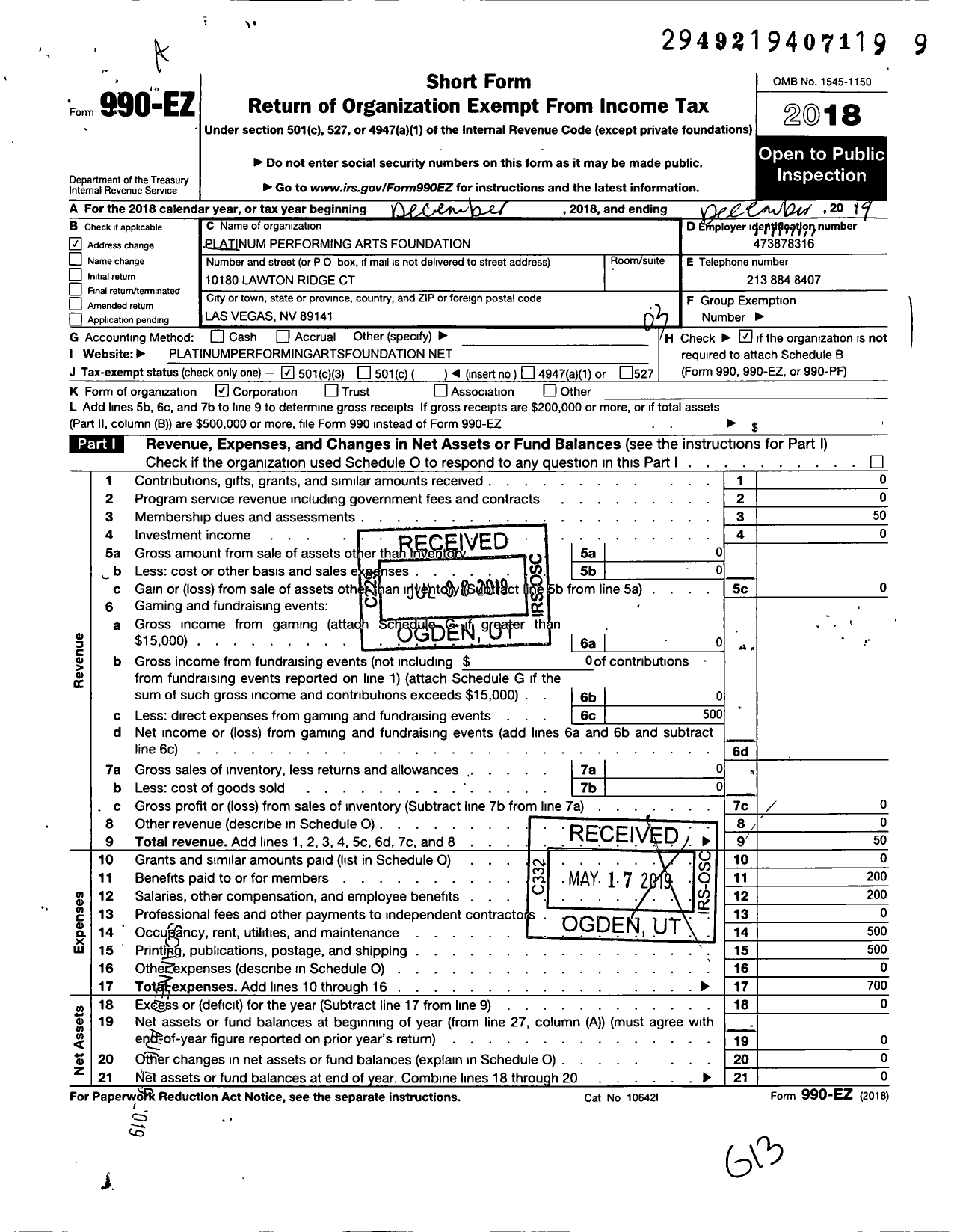 Image of first page of 2019 Form 990EZ for Platinum Performing Arts Foundation