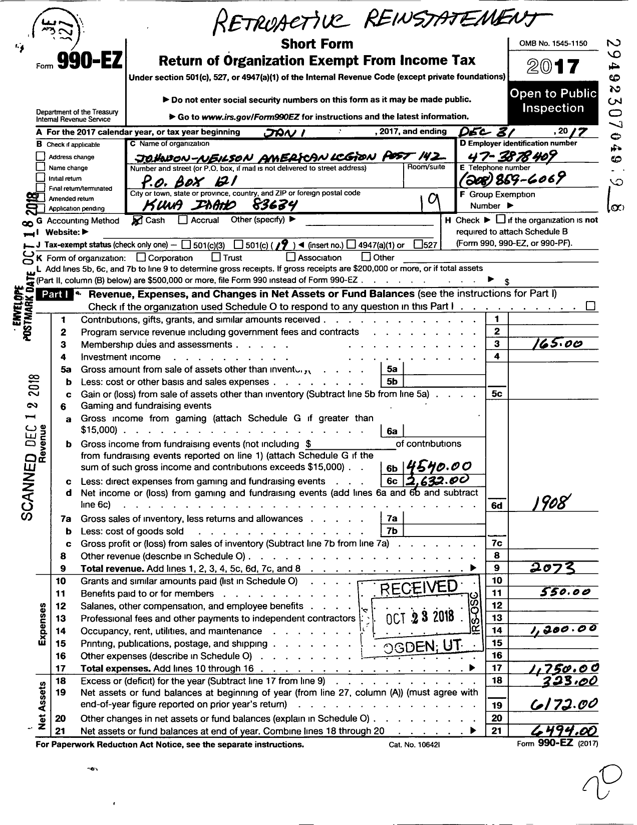 Image of first page of 2017 Form 990EO for Johnson Nelson American Legion Post 142 Incorporated