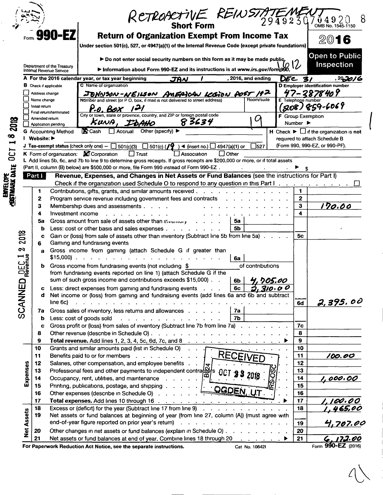 Image of first page of 2016 Form 990EO for Johnson Nelson American Legion Post 142 Incorporated