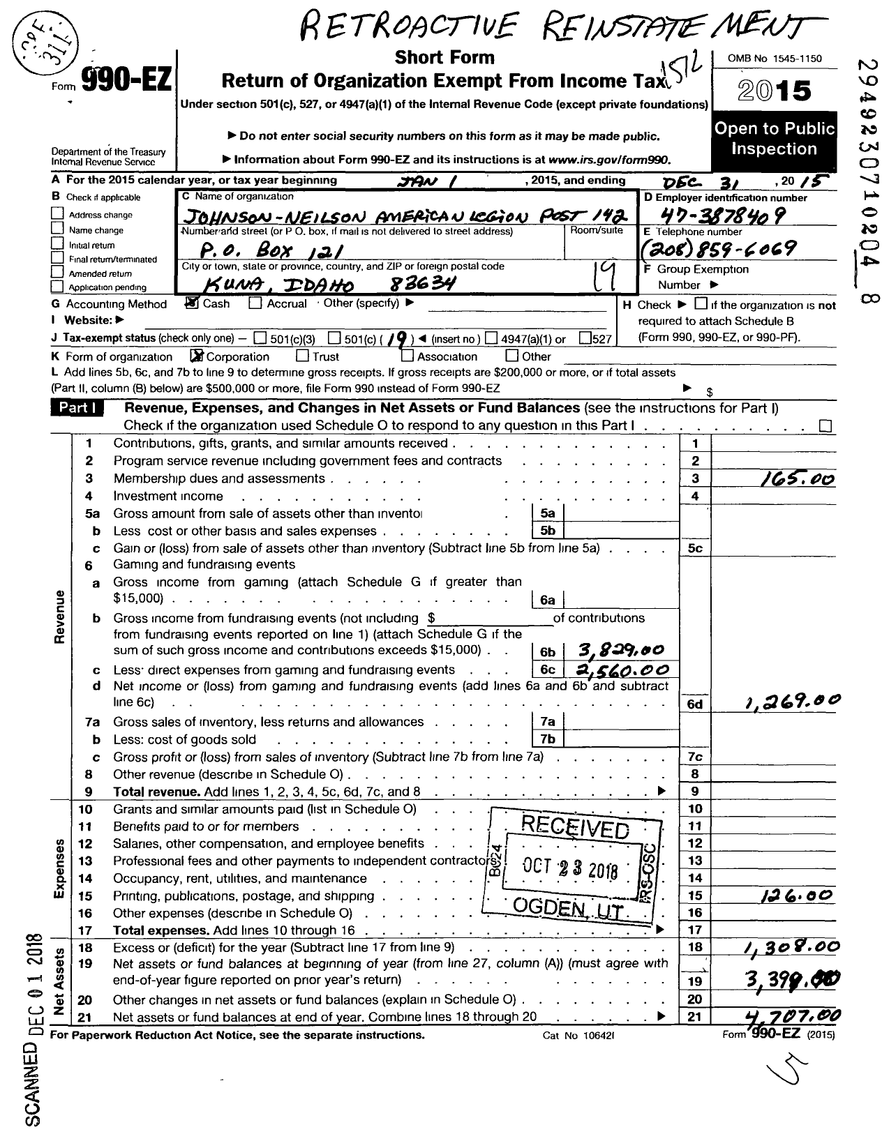 Image of first page of 2015 Form 990EO for Johnson Nelson American Legion Post 142 Incorporated