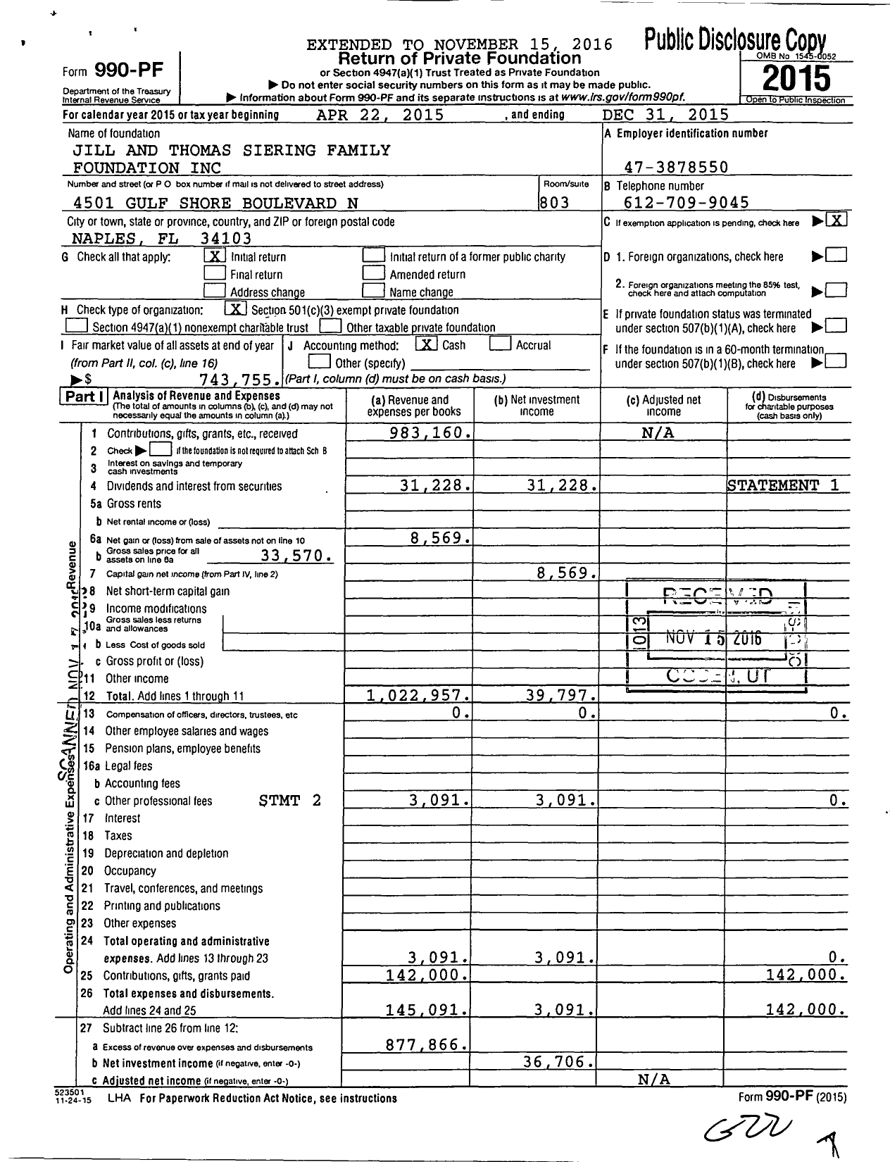 Image of first page of 2015 Form 990PF for Jill and Thomas Siering Family Foundation