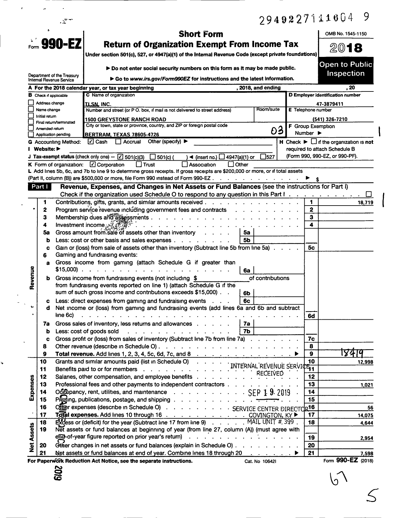 Image of first page of 2018 Form 990EZ for Texas Letterman Support Group (TLSN)