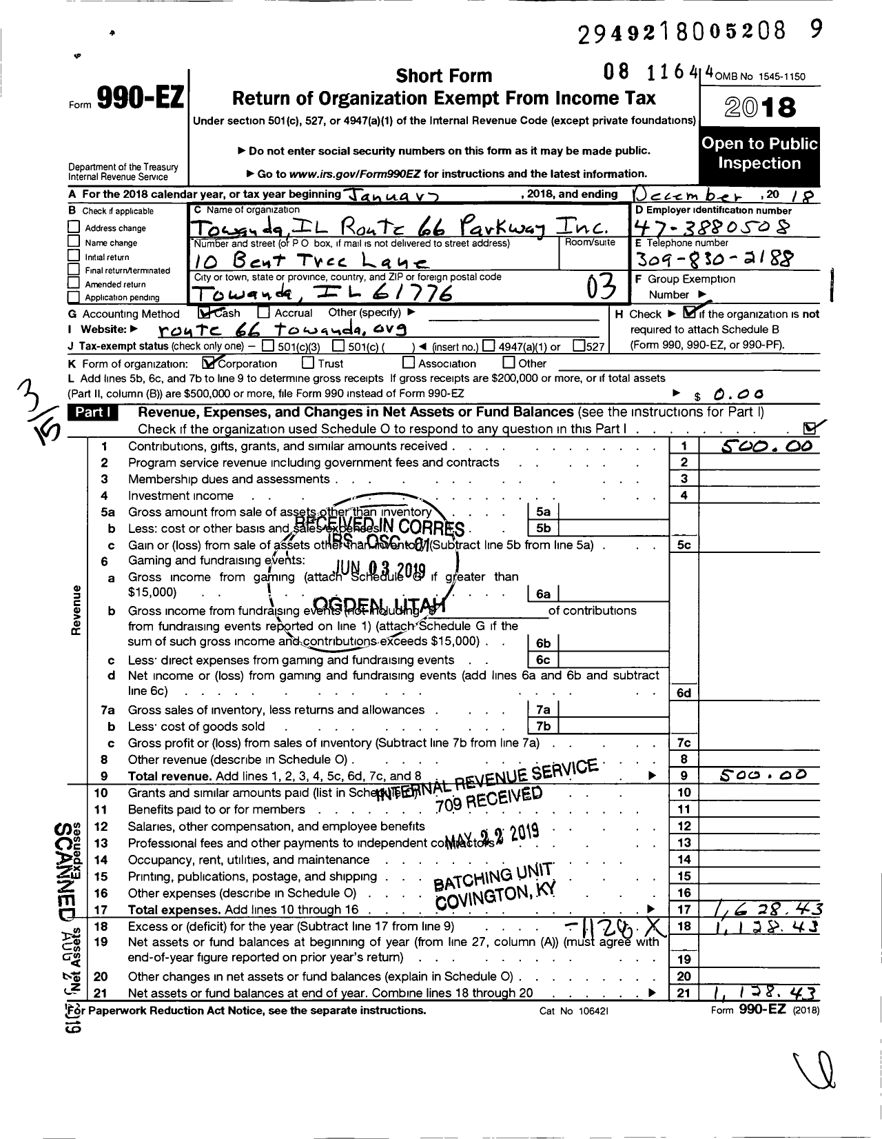 Image of first page of 2018 Form 990EZ for Towanda Il Route 66 Parkway