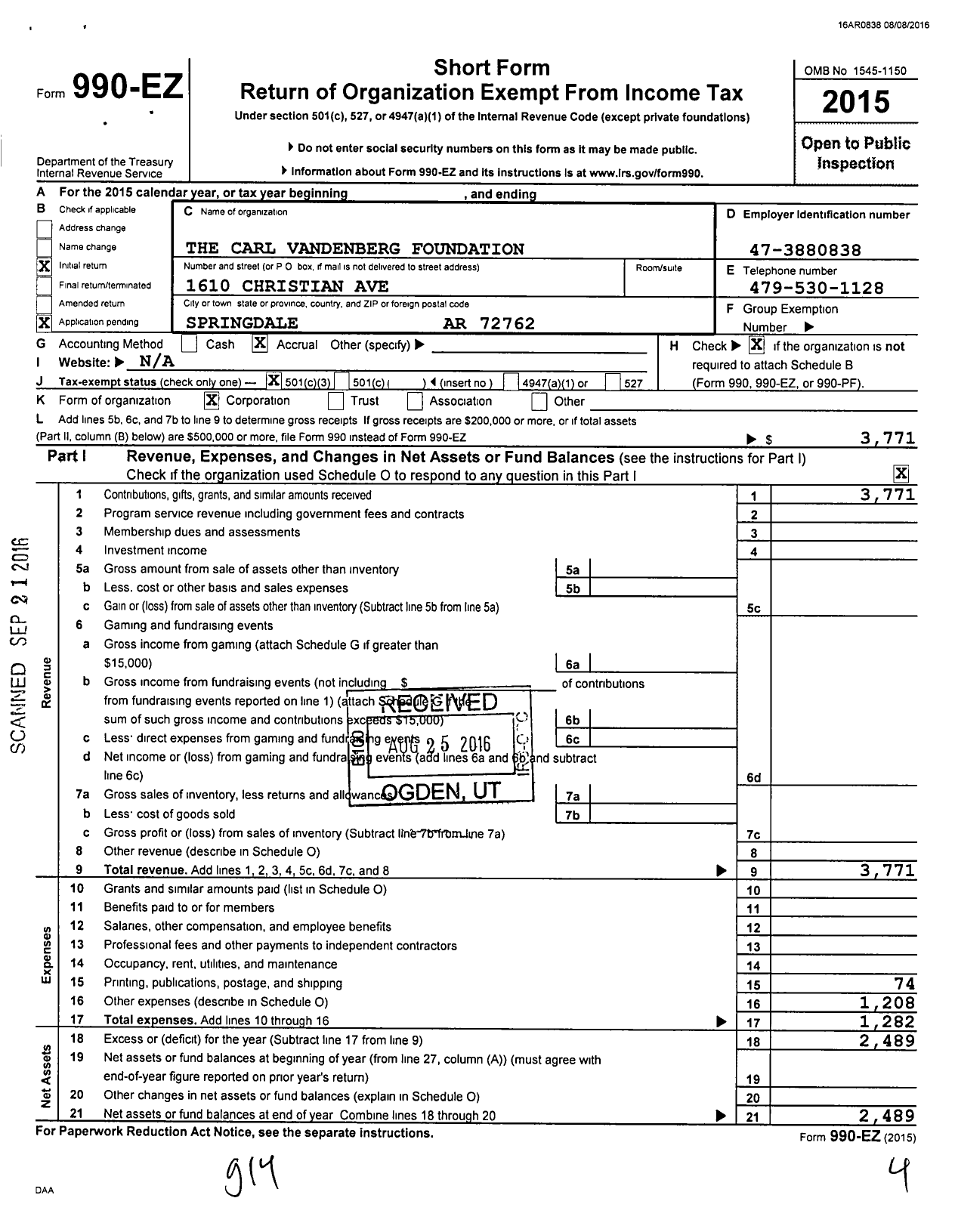 Image of first page of 2015 Form 990EZ for Carl VanDenBerg Foundation