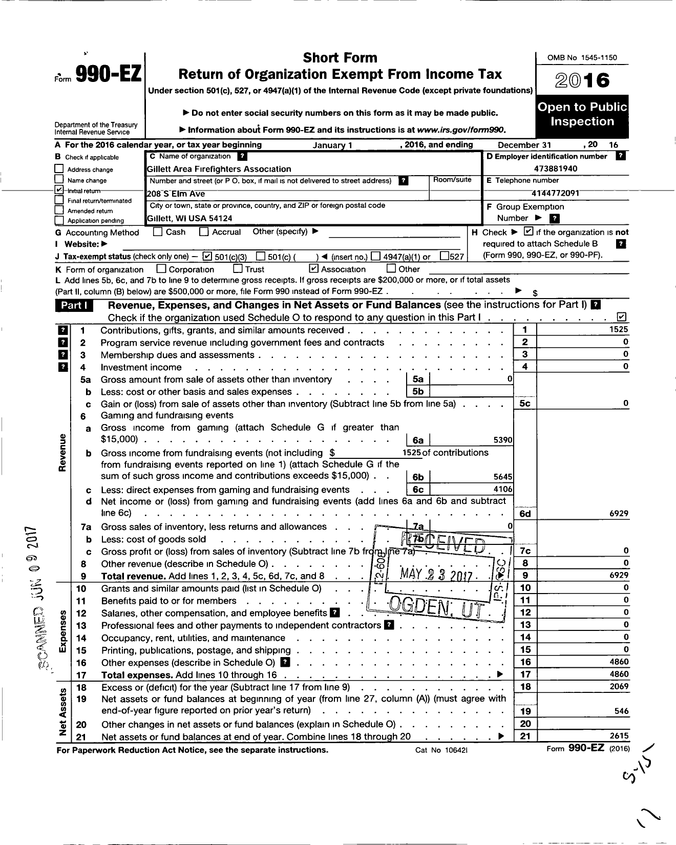 Image of first page of 2016 Form 990EZ for Gillett Area Firefighters Association