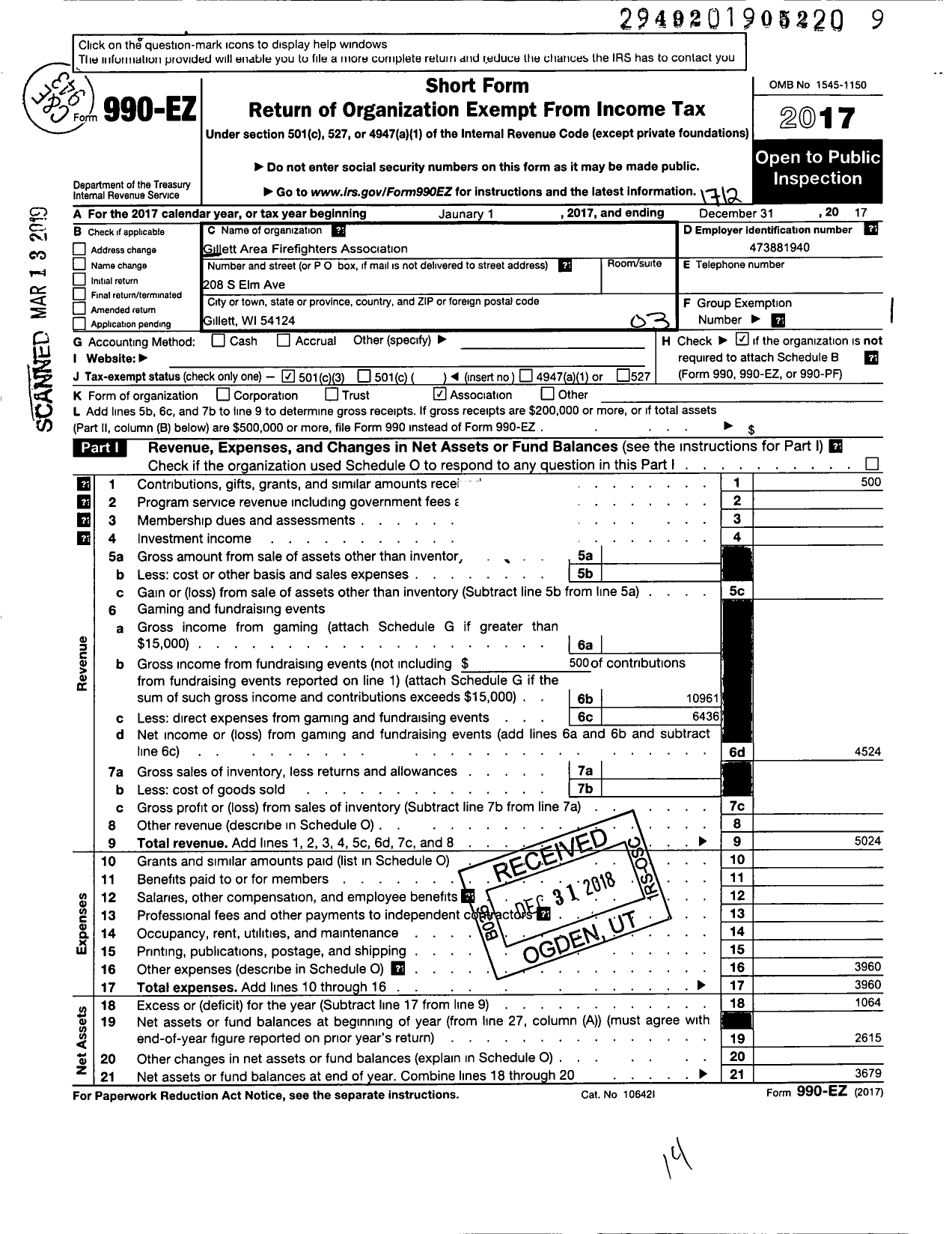 Image of first page of 2017 Form 990EZ for Gillett Area Firefighters Association