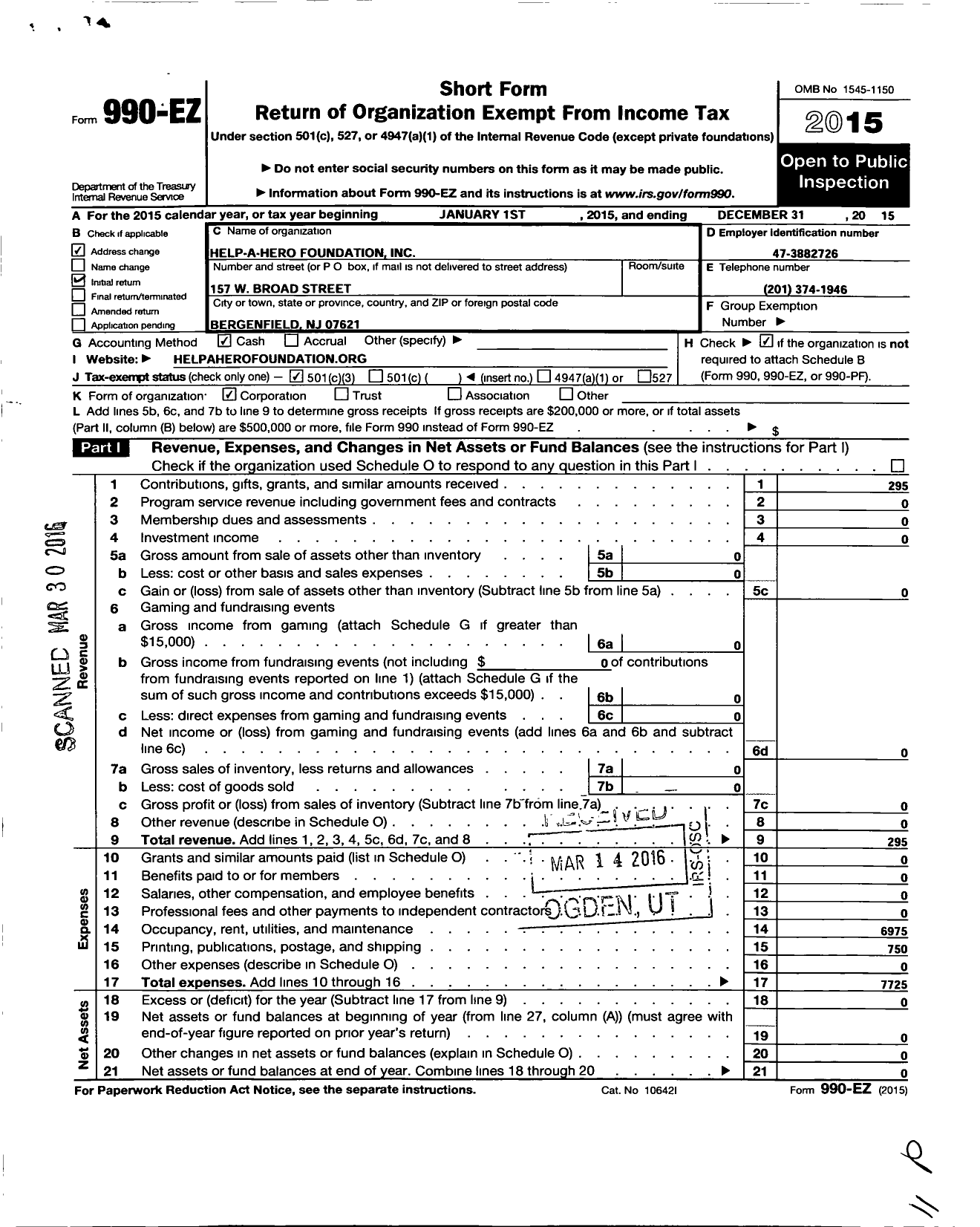 Image of first page of 2015 Form 990EZ for Help-A-Hero Foundation