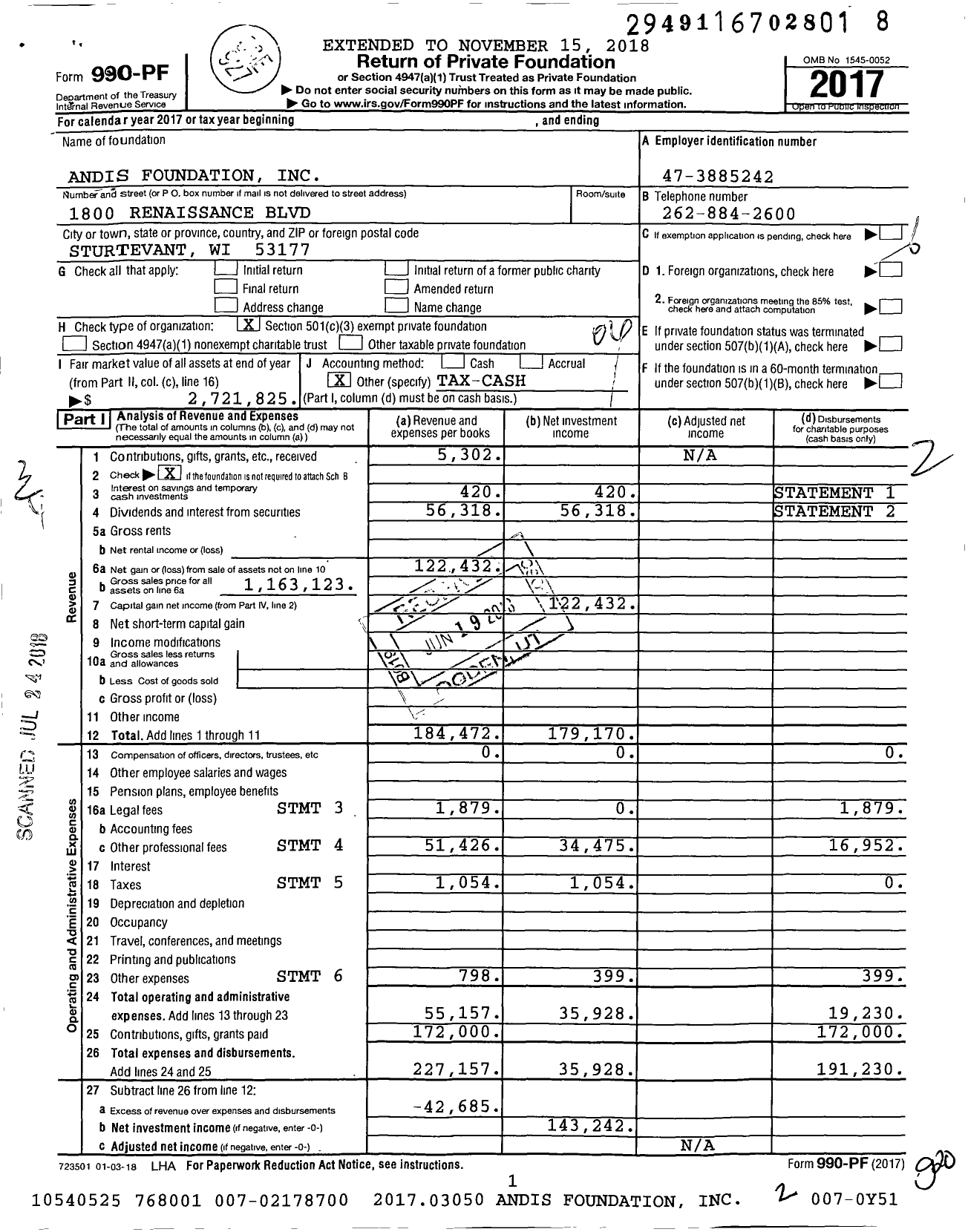 Image of first page of 2017 Form 990PF for Andis Foundation