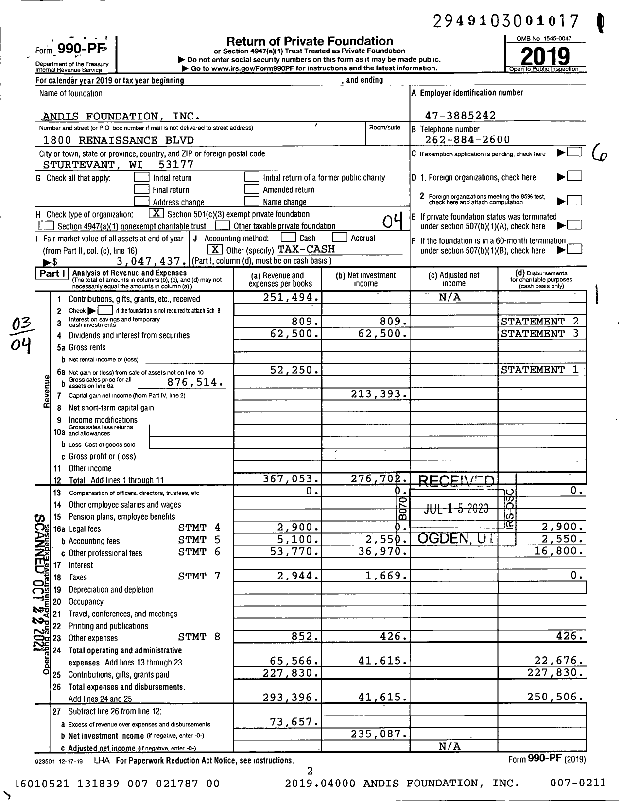 Image of first page of 2019 Form 990PF for Andis Foundation