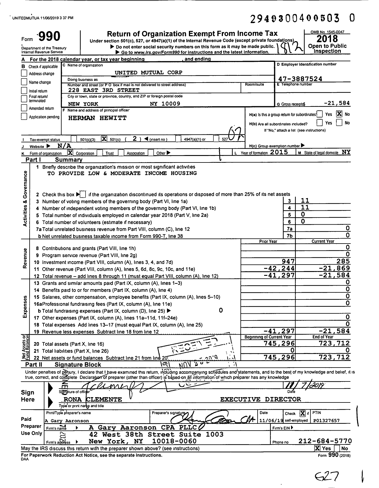 Image of first page of 2018 Form 990O for United Mutual Corporation