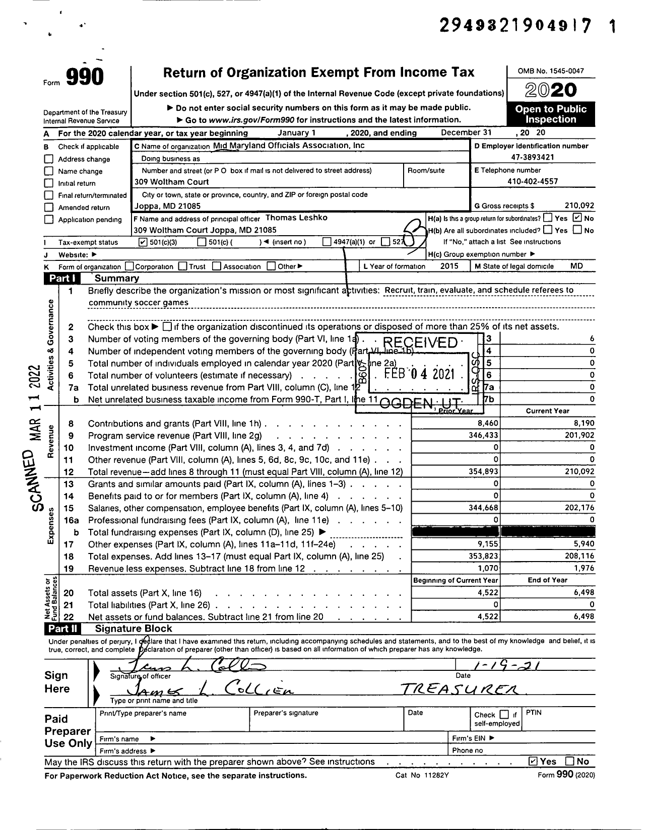 Image of first page of 2020 Form 990 for Mid Maryland Officials Association