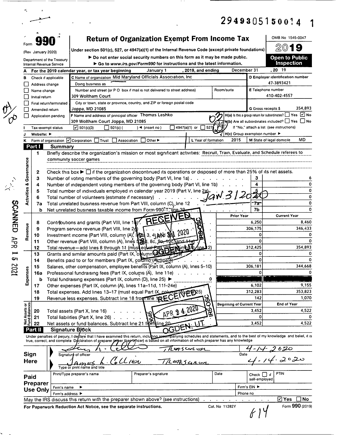 Image of first page of 2019 Form 990O for Mid Maryland Officials Association