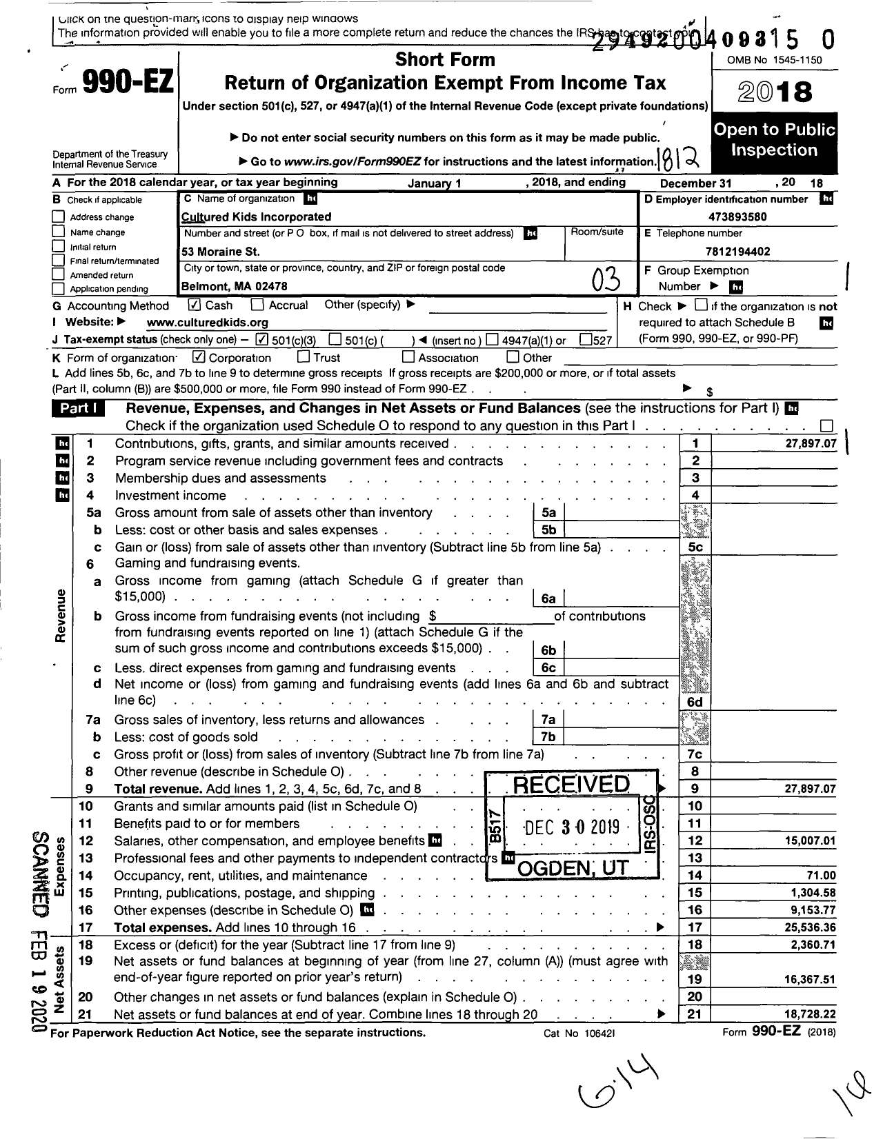 Image of first page of 2018 Form 990EZ for Cultured Kids Incorporated