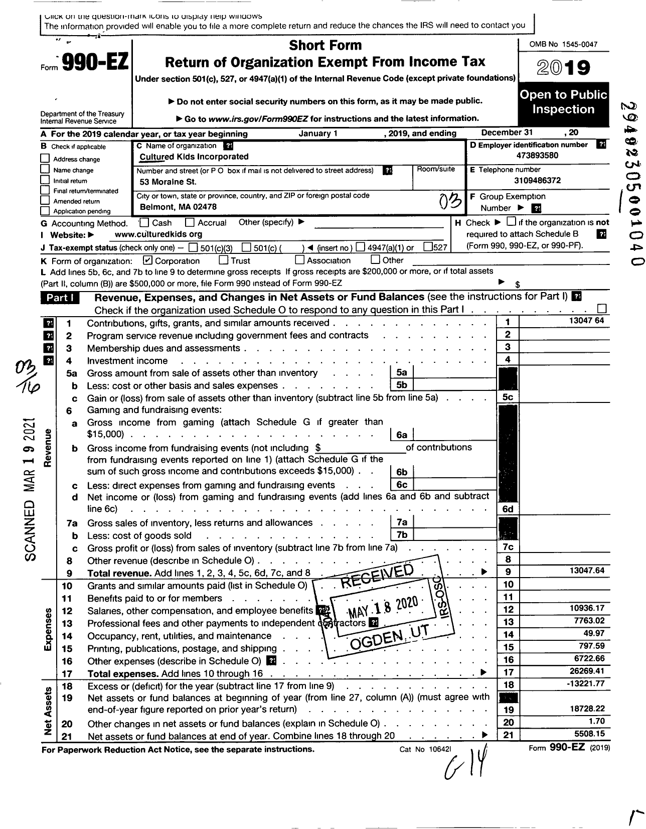 Image of first page of 2019 Form 990EZ for Cultured Kids Incorporated