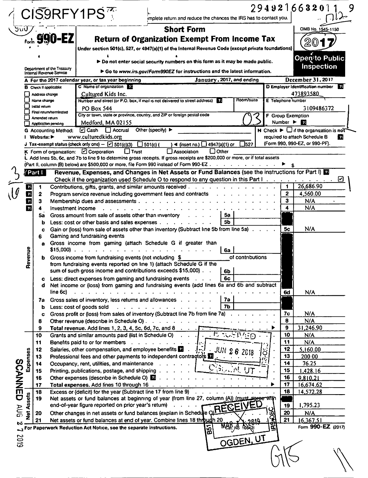 Image of first page of 2017 Form 990EZ for Cultured Kids Incorporated