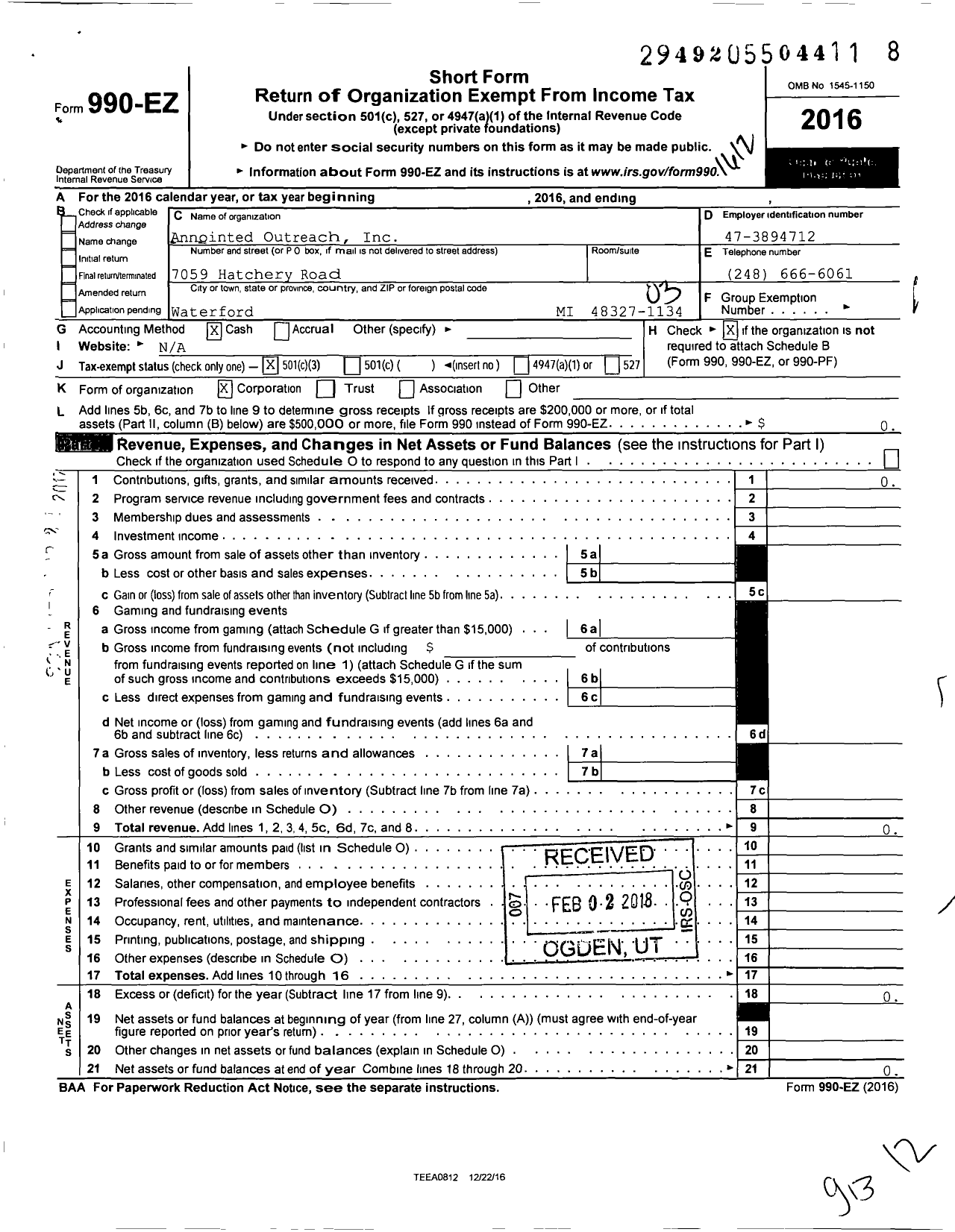 Image of first page of 2016 Form 990EZ for Annointed Outreach