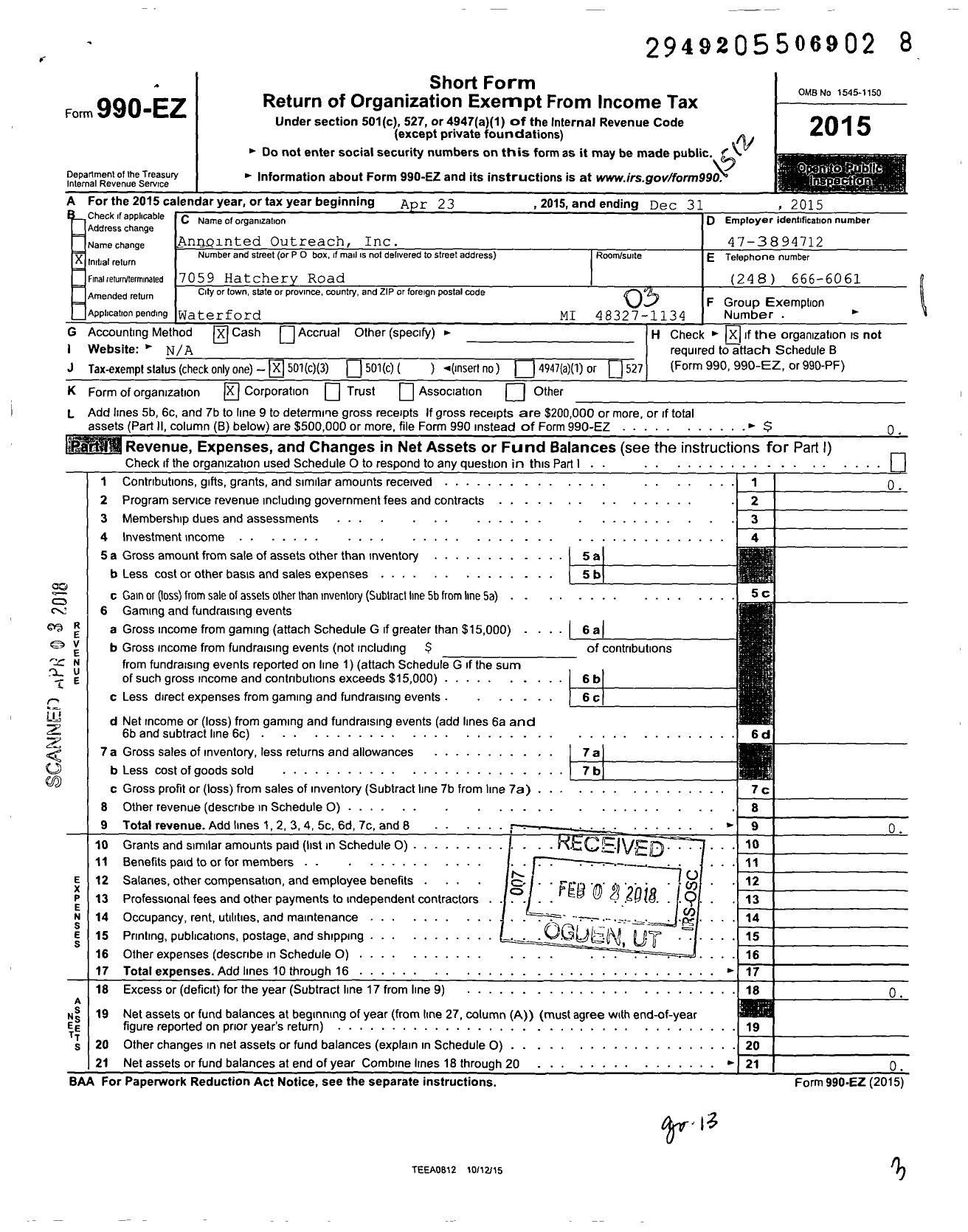 Image of first page of 2015 Form 990EZ for Annointed Outreach