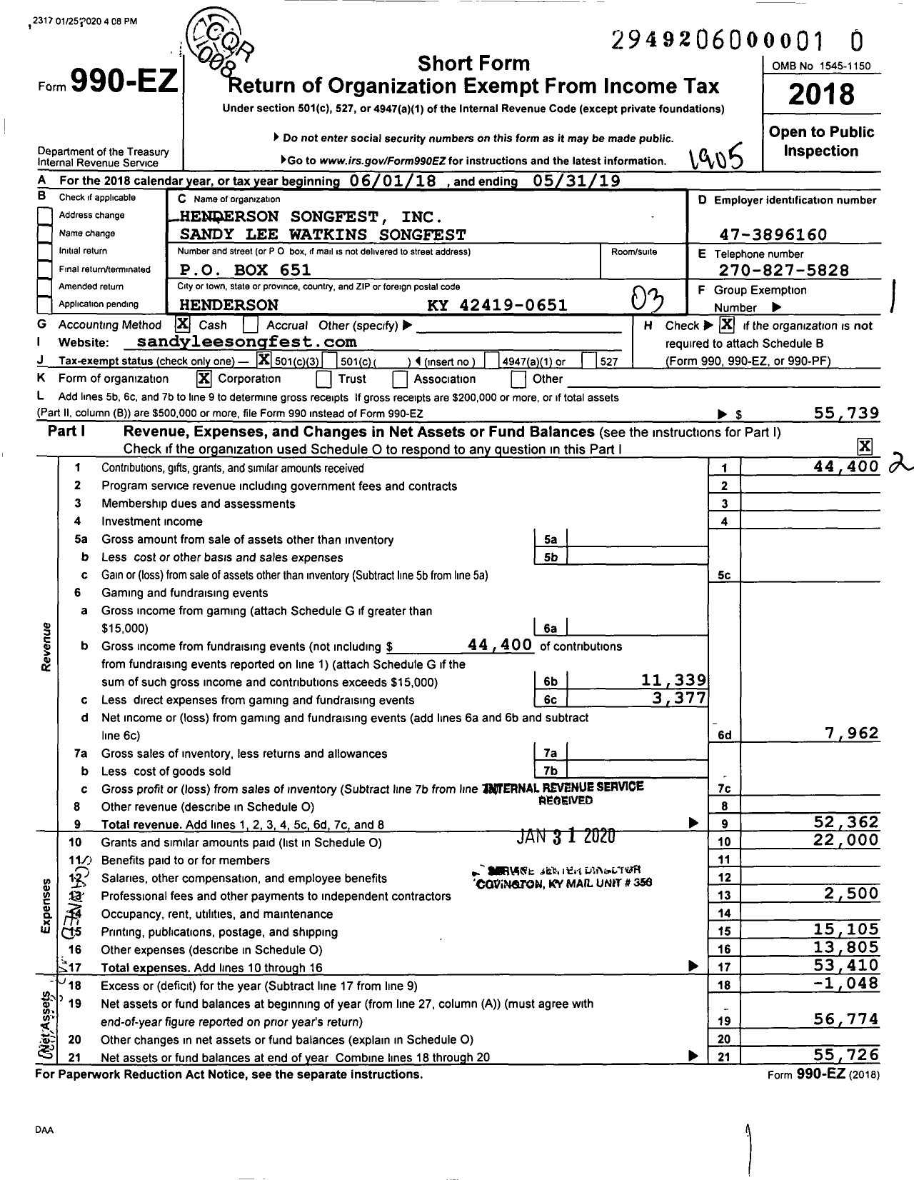 Image of first page of 2018 Form 990EZ for Henderson Songfest Sandy Lee Watkins Songfest