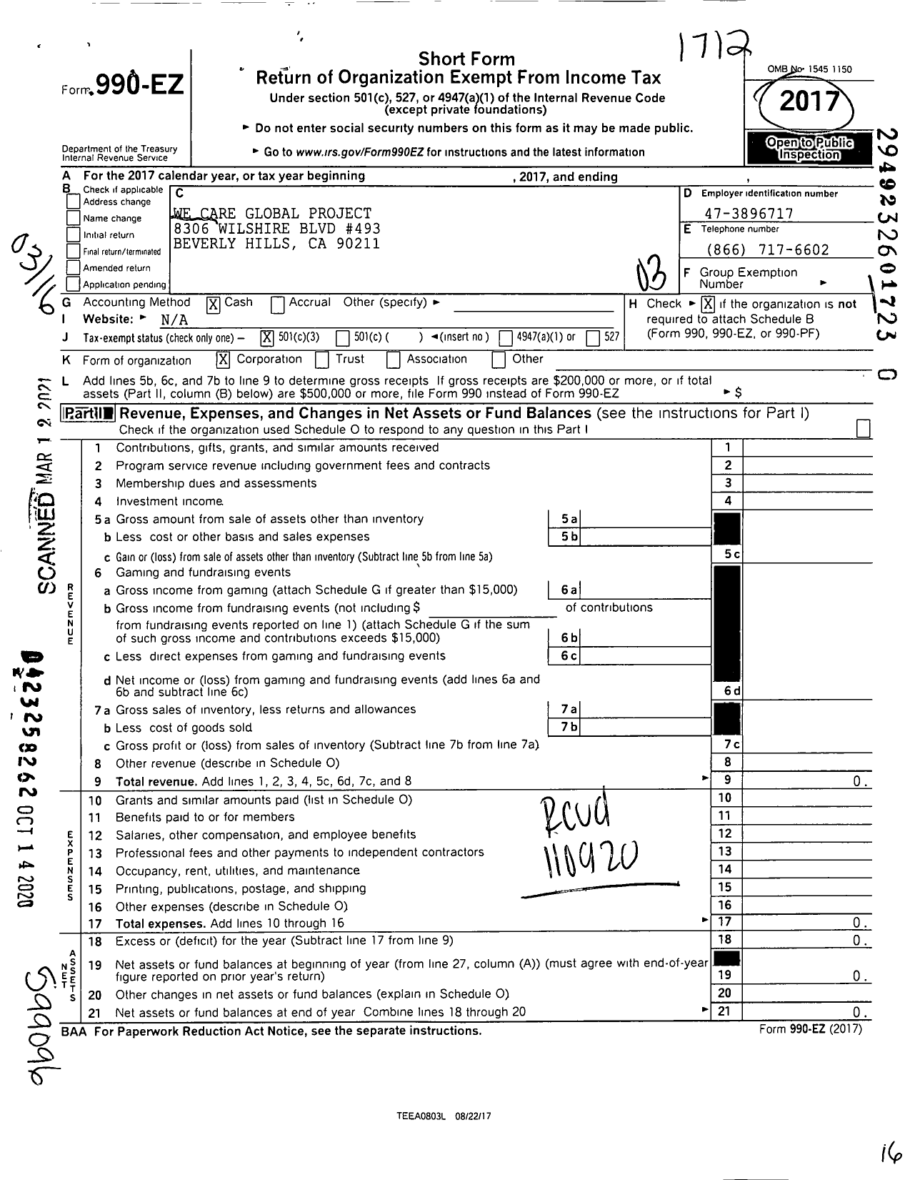 Image of first page of 2017 Form 990EZ for We Care Global Project